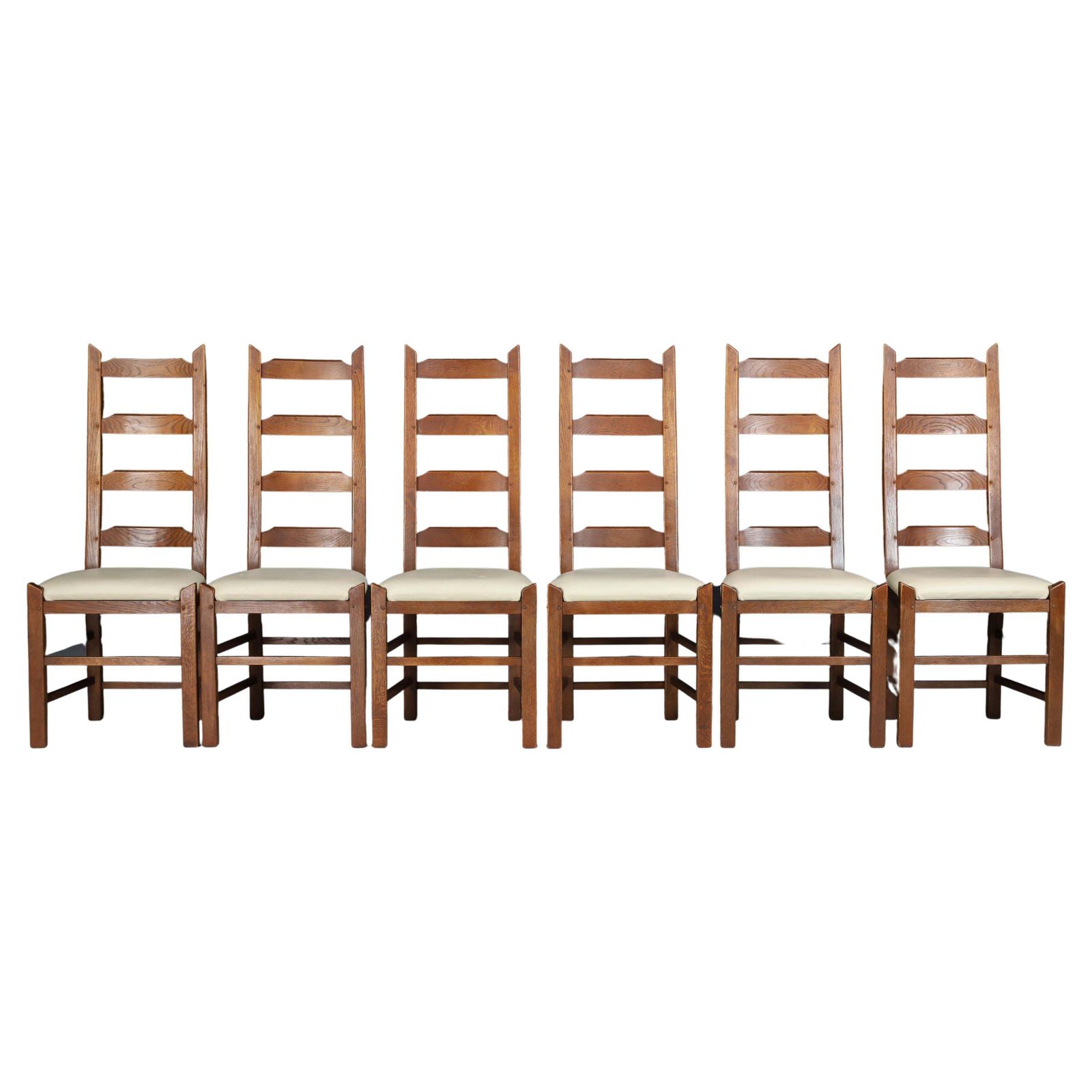 Ladder Back Chairs Crafted In Oak And Leather Seats, France, 1950s