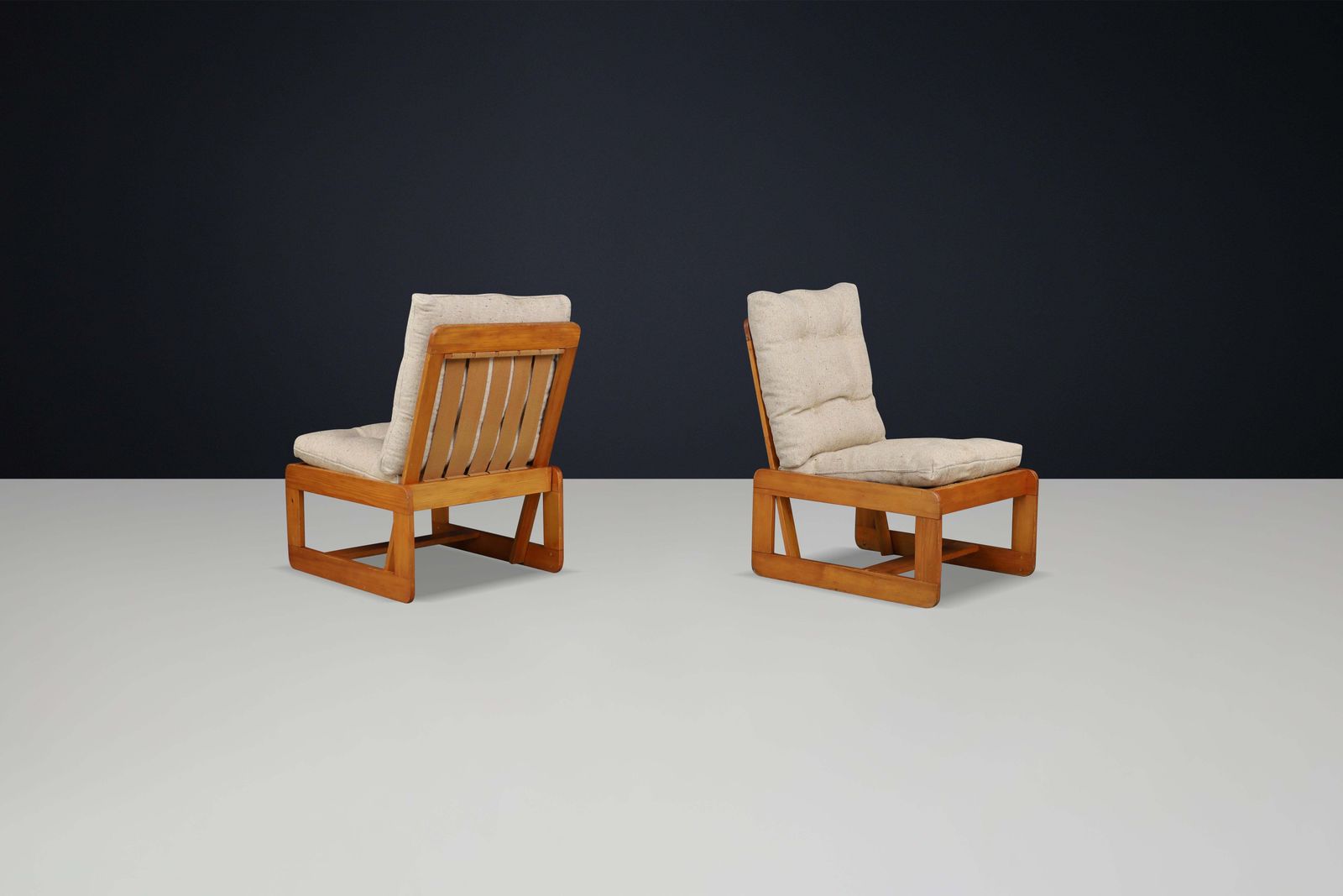 Pinewood Lounge Chairs In Original Jute Fabric Italy 1970s photo vintage