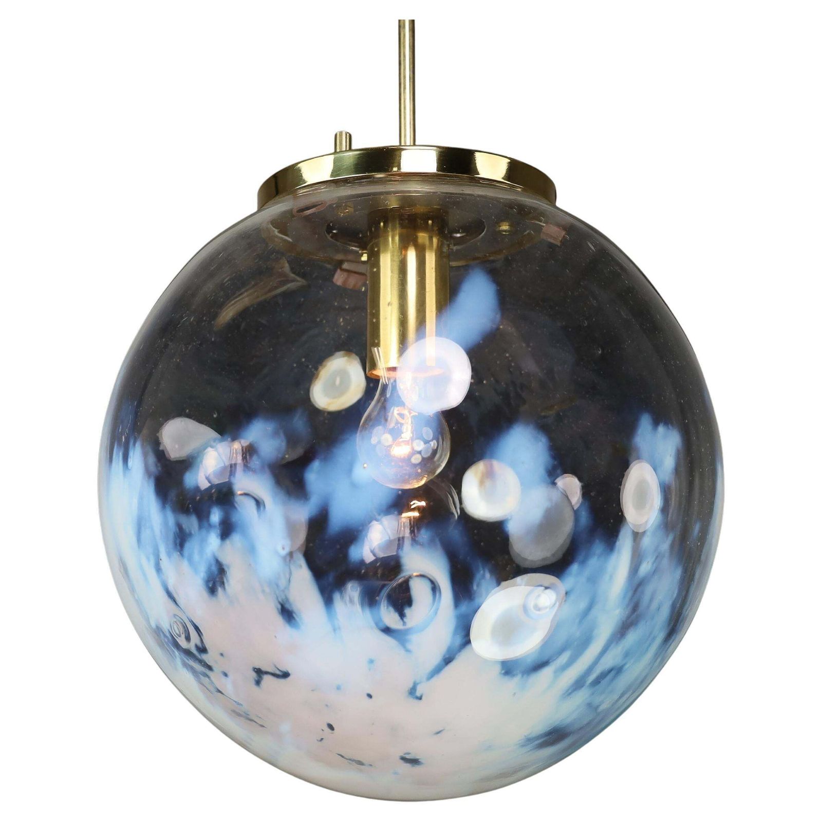 Mid Century Modern Pendant In Brass And Art Glass With White Streaks, Cz 1970s