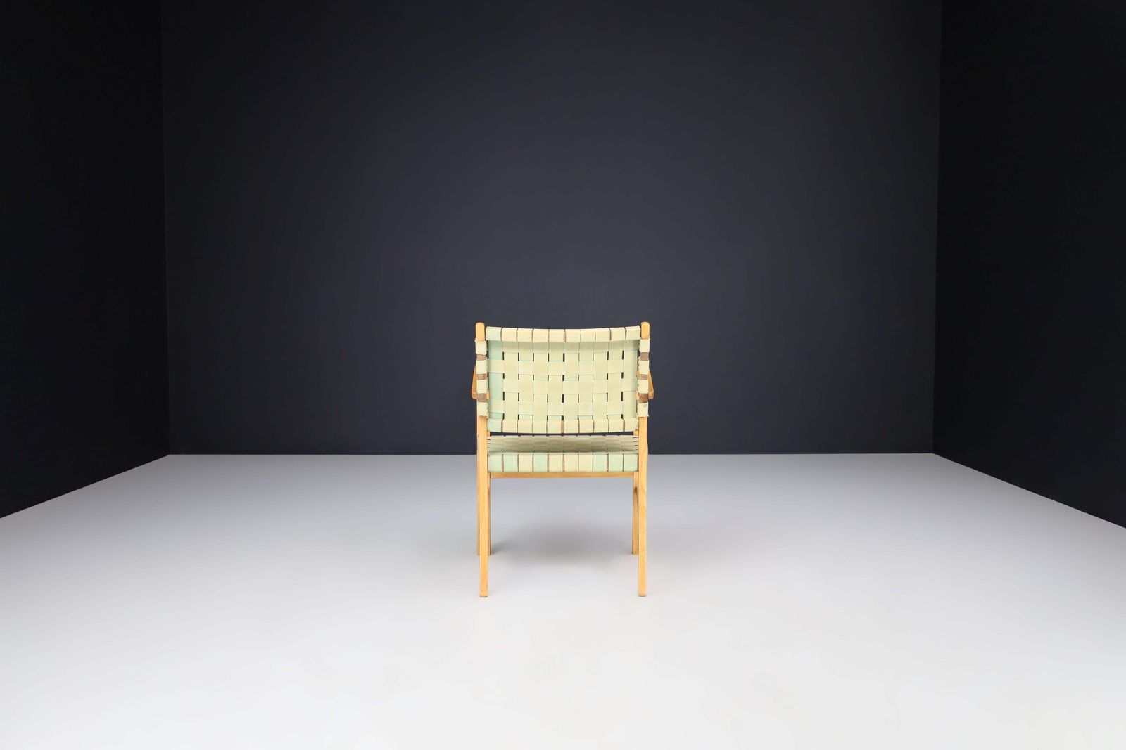 photo furniture Mid Century Modern Armchair In Beech And Patinated Canvas Webbing, France, 1950s