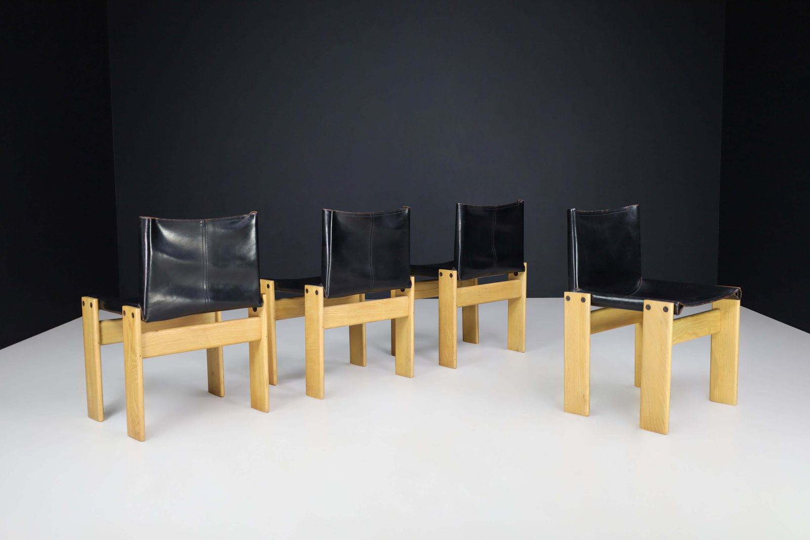 Afra & Tobia Scarpa Black Leather "Monk" Dining Room Chairs For Molteni Set Of 4 photo Furniture