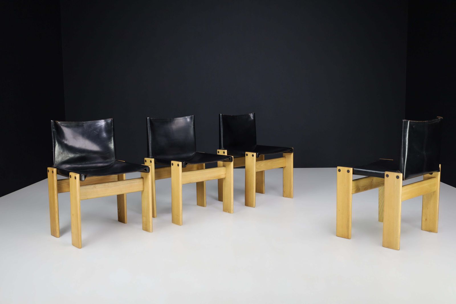 Afra & Tobia Scarpa Black Leather "Monk" Dining Room Chairs For Molteni Set Of 4 photo buy