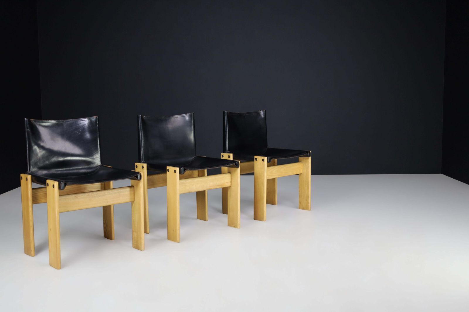 Afra & Tobia Scarpa Black Leather "Monk" Dining Room Chairs For Molteni Set Of 4 photo vintage