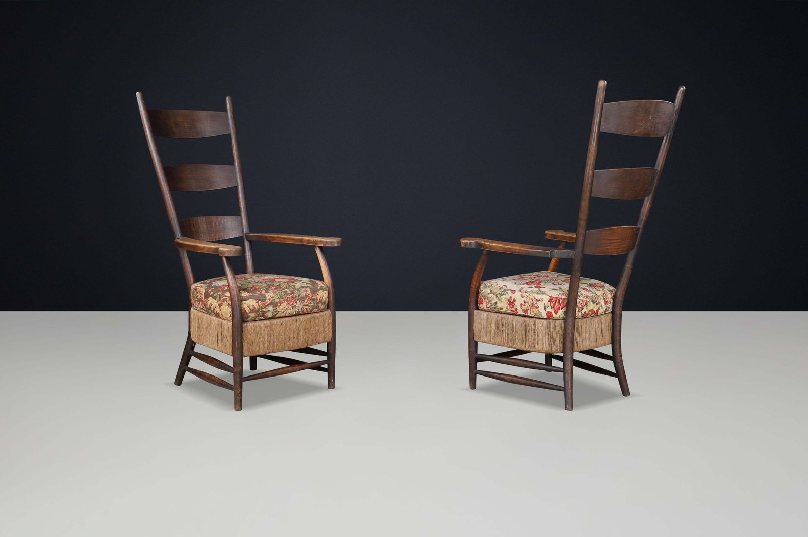 French Provincial Highback Armchairs In Oak Rope & Floral Upholstery, France'30s photo vintage