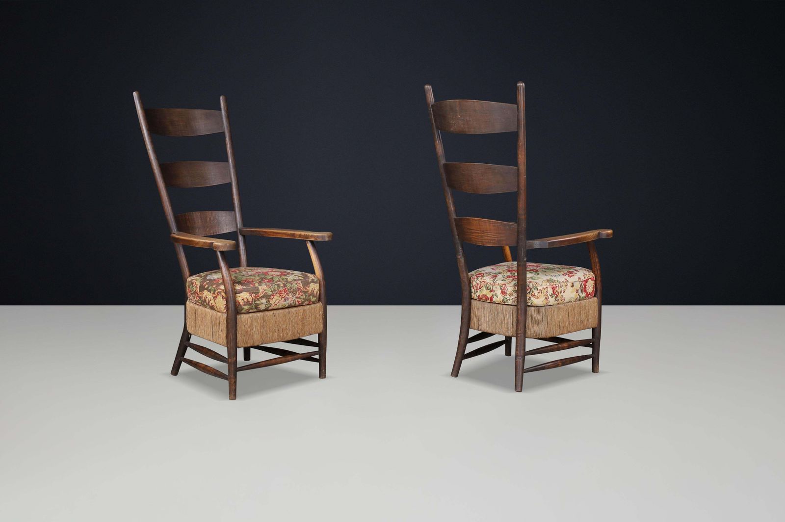 photo for sale French Provincial Highback Armchairs In Oak Rope & Floral Upholstery, France'30s
