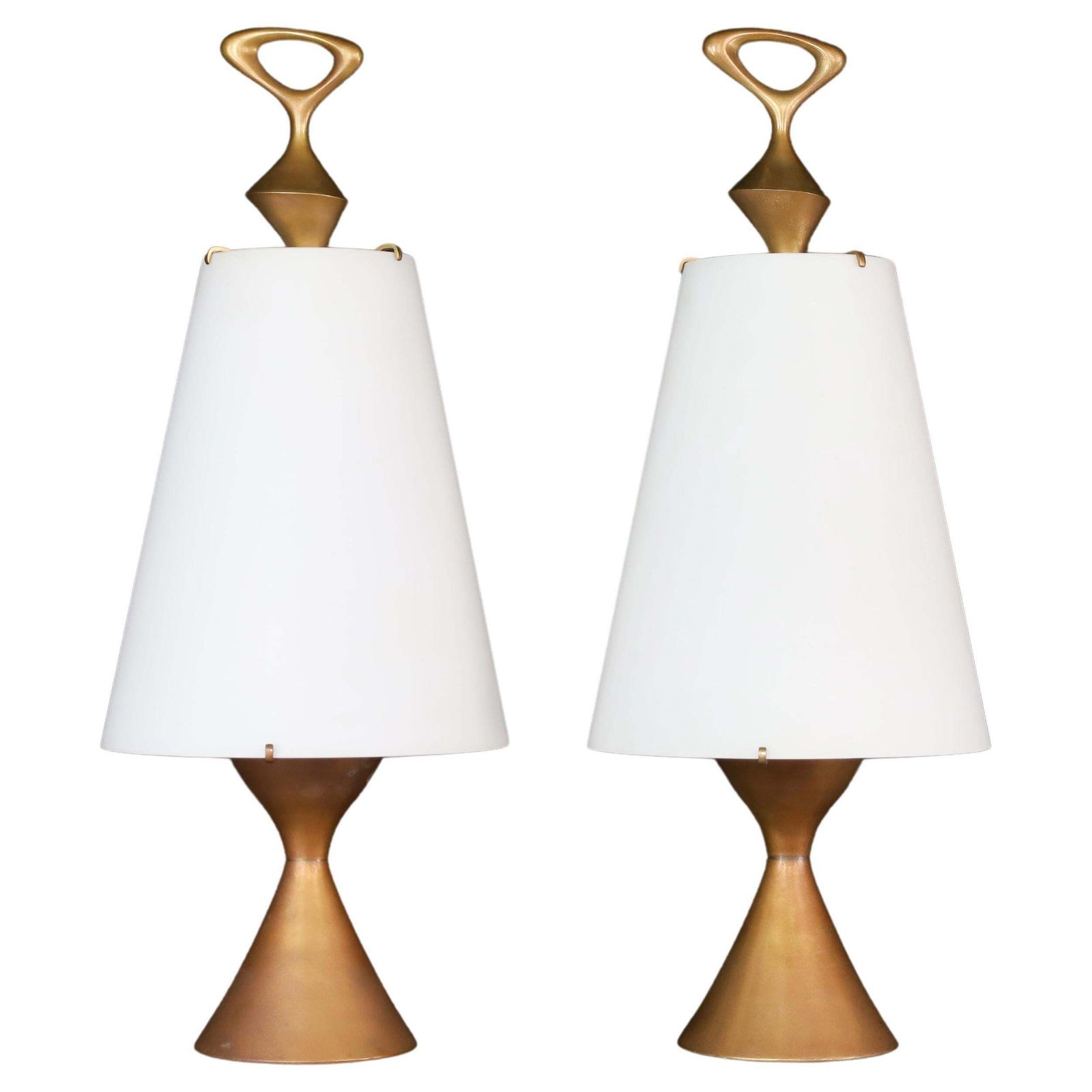 Max Ingrand For Fontana Arte Pair Of Two Patinated Brass Table Lamps Italy 1956
