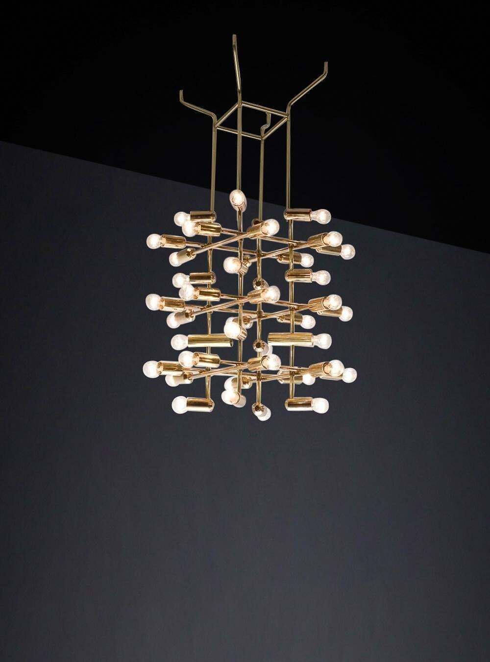 Xl Mid Century Brass Chandelier With 40 Lights, Switzerland 1960s. photo vinterior