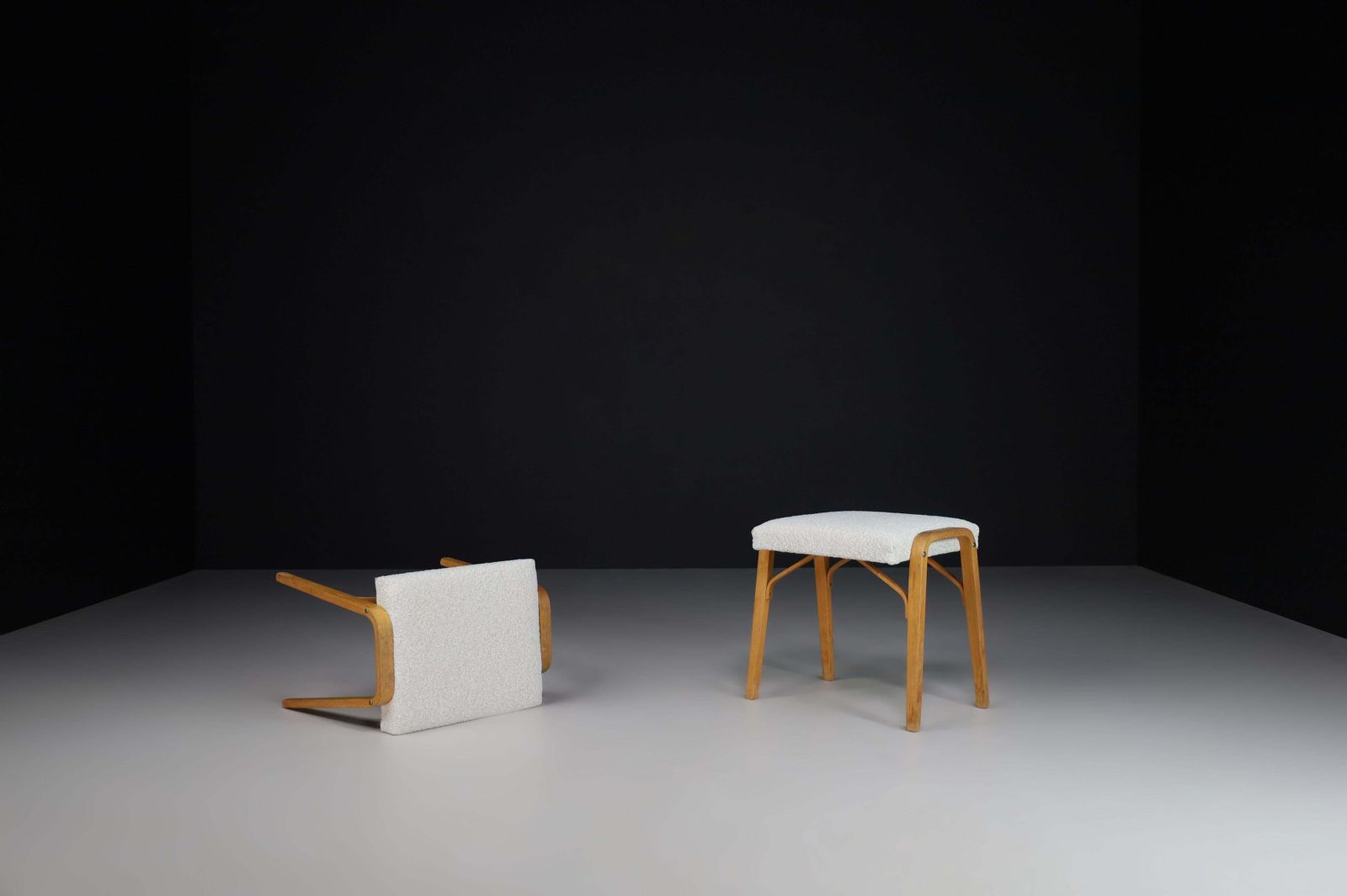 Midcentury Bentwood Stools With New Bouclé Fabric By Ludvik Volak 1960s photo furniture