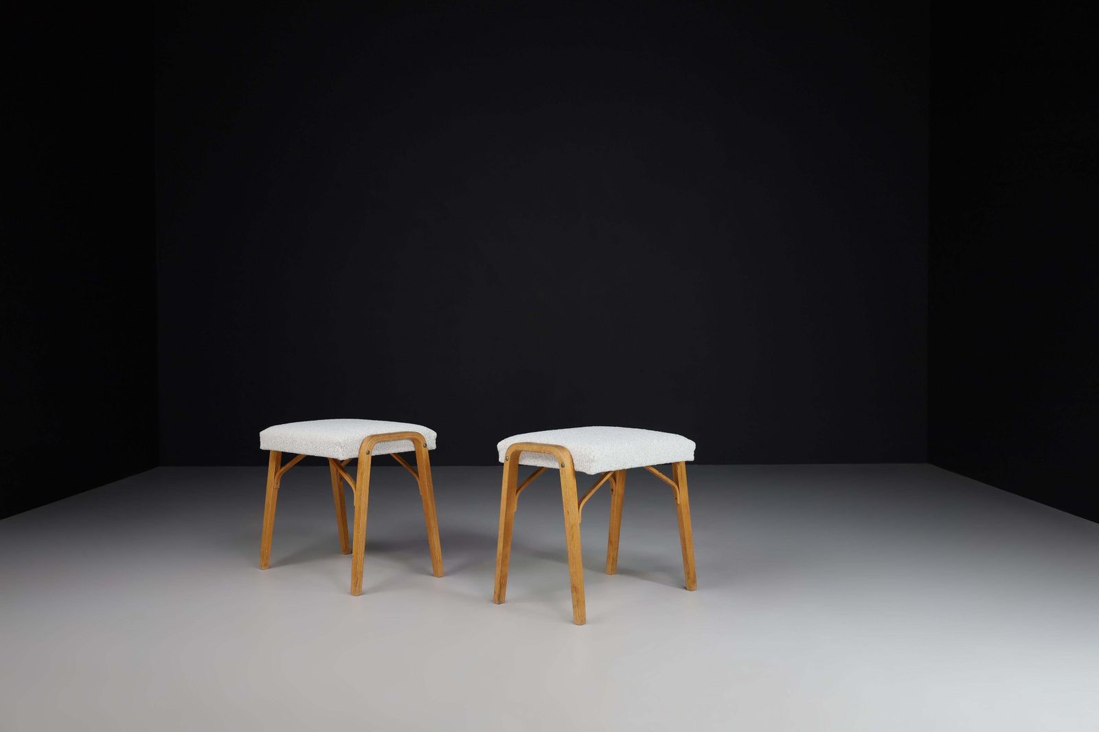 photo furniture Midcentury Bentwood Stools With New Bouclé Fabric By Ludvik Volak 1960s
