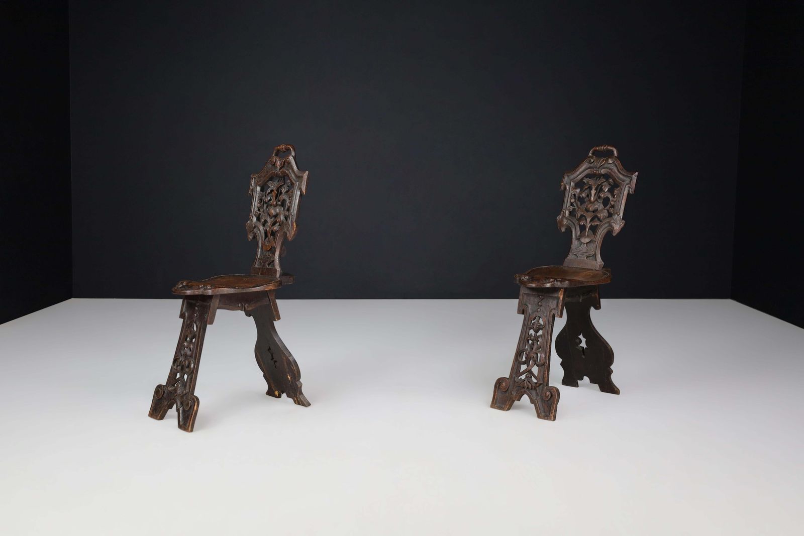Antique Pair Of Figural Heavily Carved Oak Sgabello Chairs Italy photo buy
