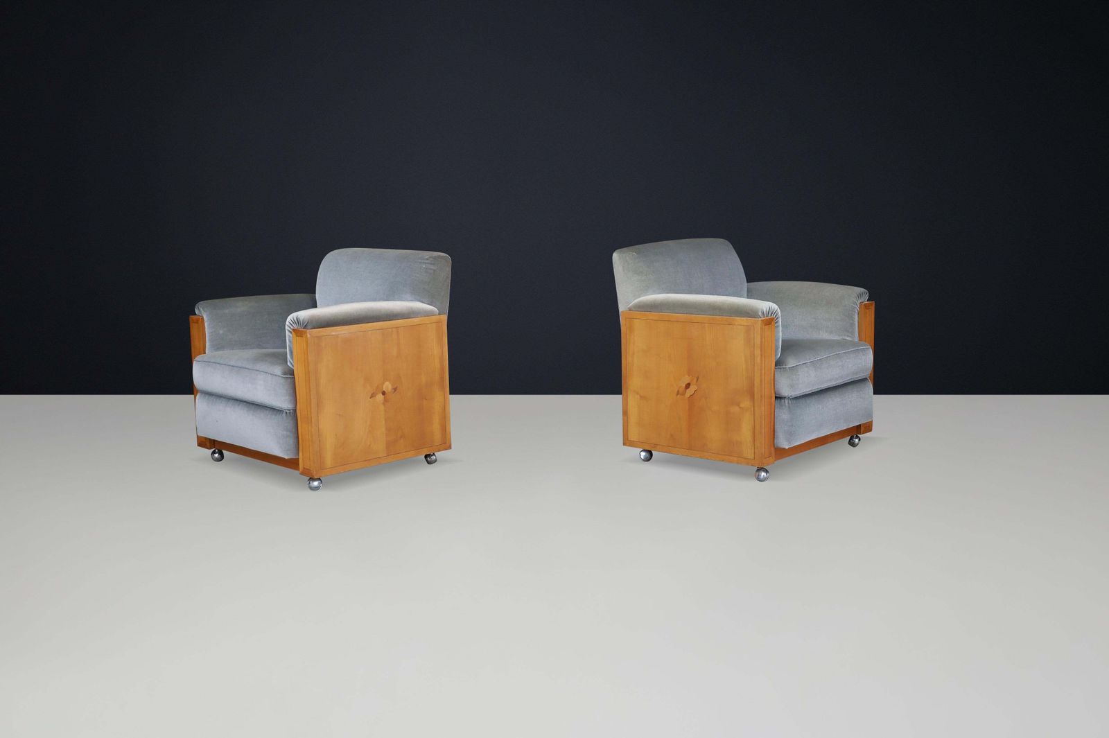 Pair Of Dutch Art Deco Armchairs With Inlay Motif In Oak And Velvet, 1930s photo furniture
