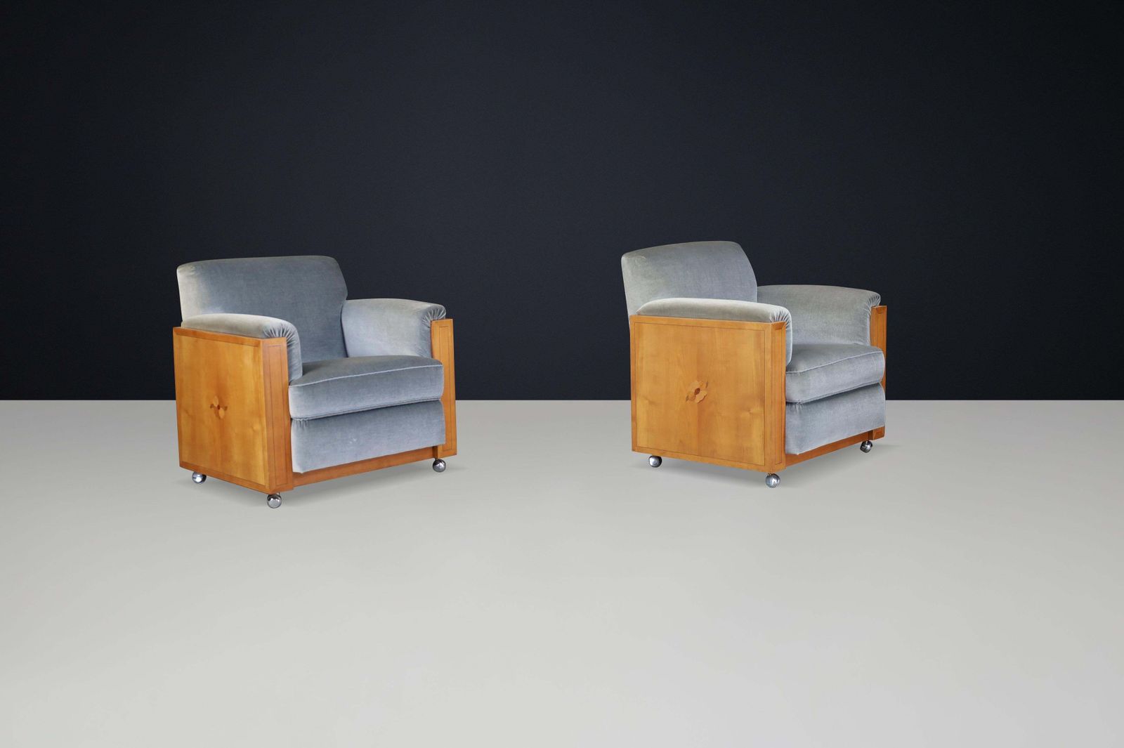 Pair Of Dutch Art Deco Armchairs With Inlay Motif In Oak And Velvet, 1930s photo Furniture