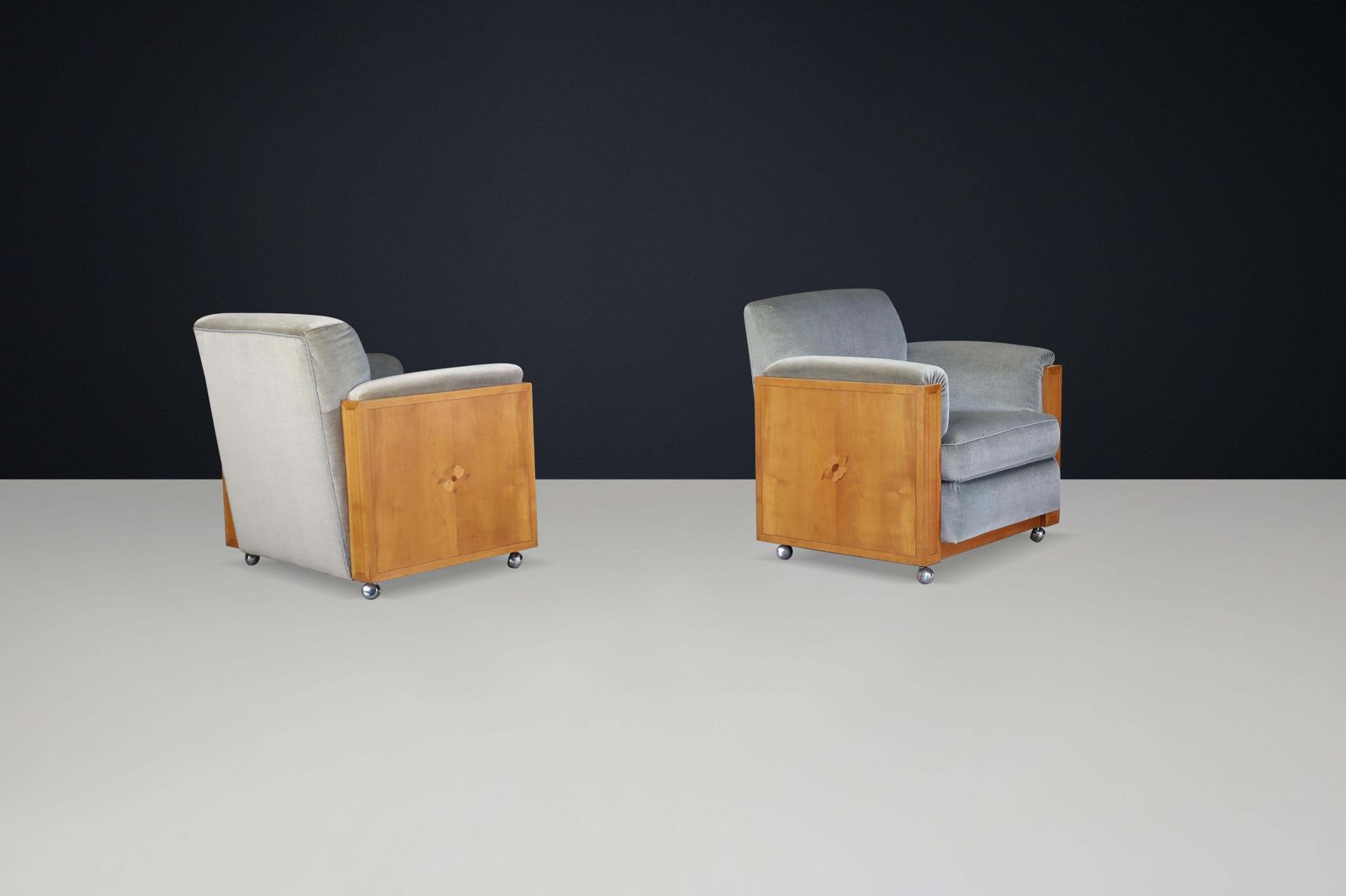 Pair Of Dutch Art Deco Armchairs With Inlay Motif In Oak And Velvet, 1930s photo 4173.0