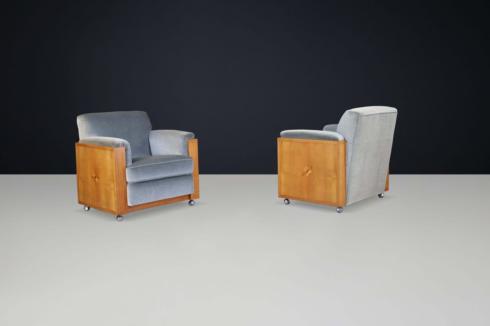 Pair Of Dutch Art Deco Armchairs With Inlay Motif In Oak And Velvet, 1930s photo buy