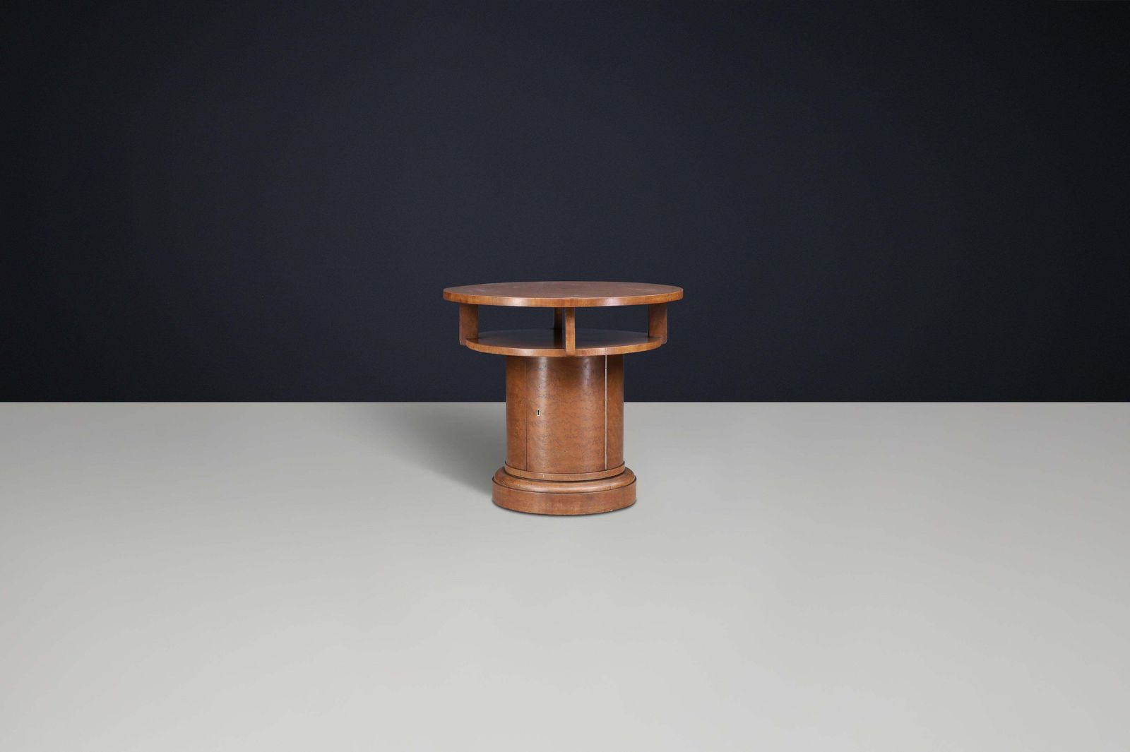 1930s Czechoslovak Art Deco Round Birch Pedestal Table With Storage. photo furniture