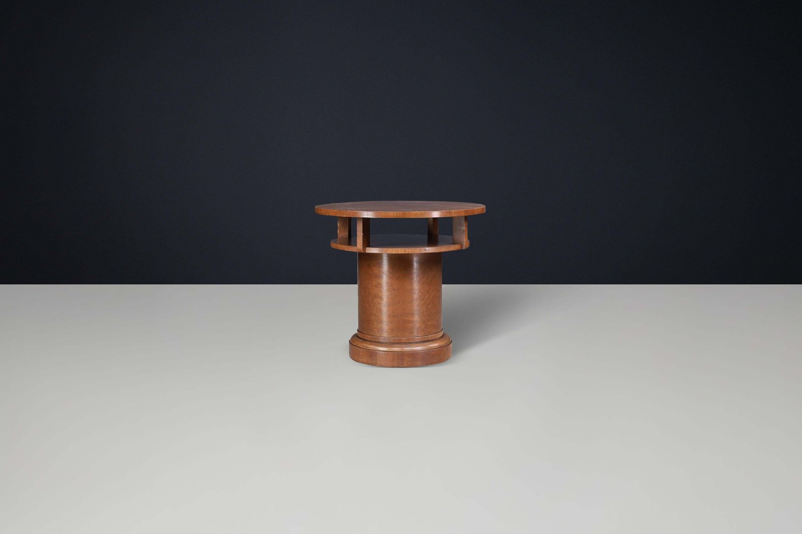 1930s Czechoslovak Art Deco Round Birch Pedestal Table With Storage. photo vinterior