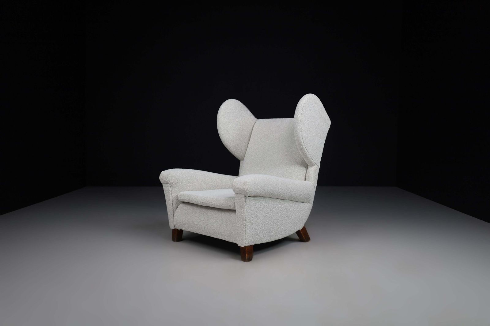 photo for sale Large Monumental Midcentury Wingback Armchairs In Re Upholstered Bouclé Fabric