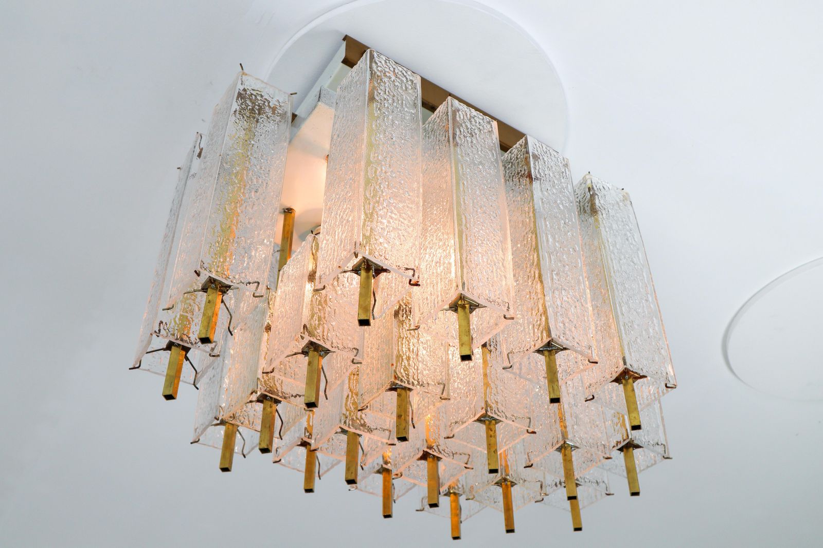 1 Of 9 Large Midcentury Chandelier With Structured Glass And Brass Frame, 1960s photo furniture