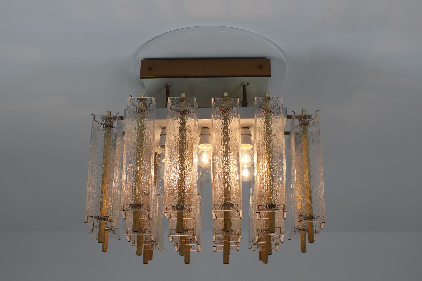 1 Of 9 Large Midcentury Chandelier With Structured Glass And Brass Frame, 1960s photo 3189.0