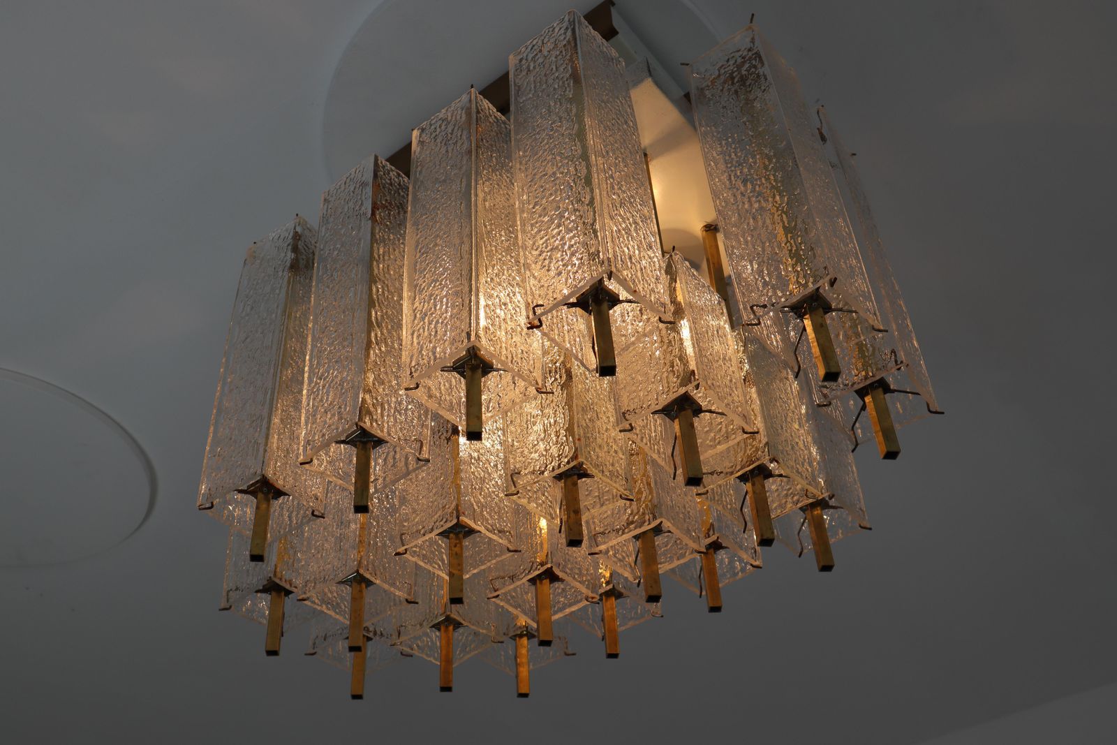 1 Of 9 Large Midcentury Chandelier With Structured Glass And Brass Frame, 1960s photo vinterior