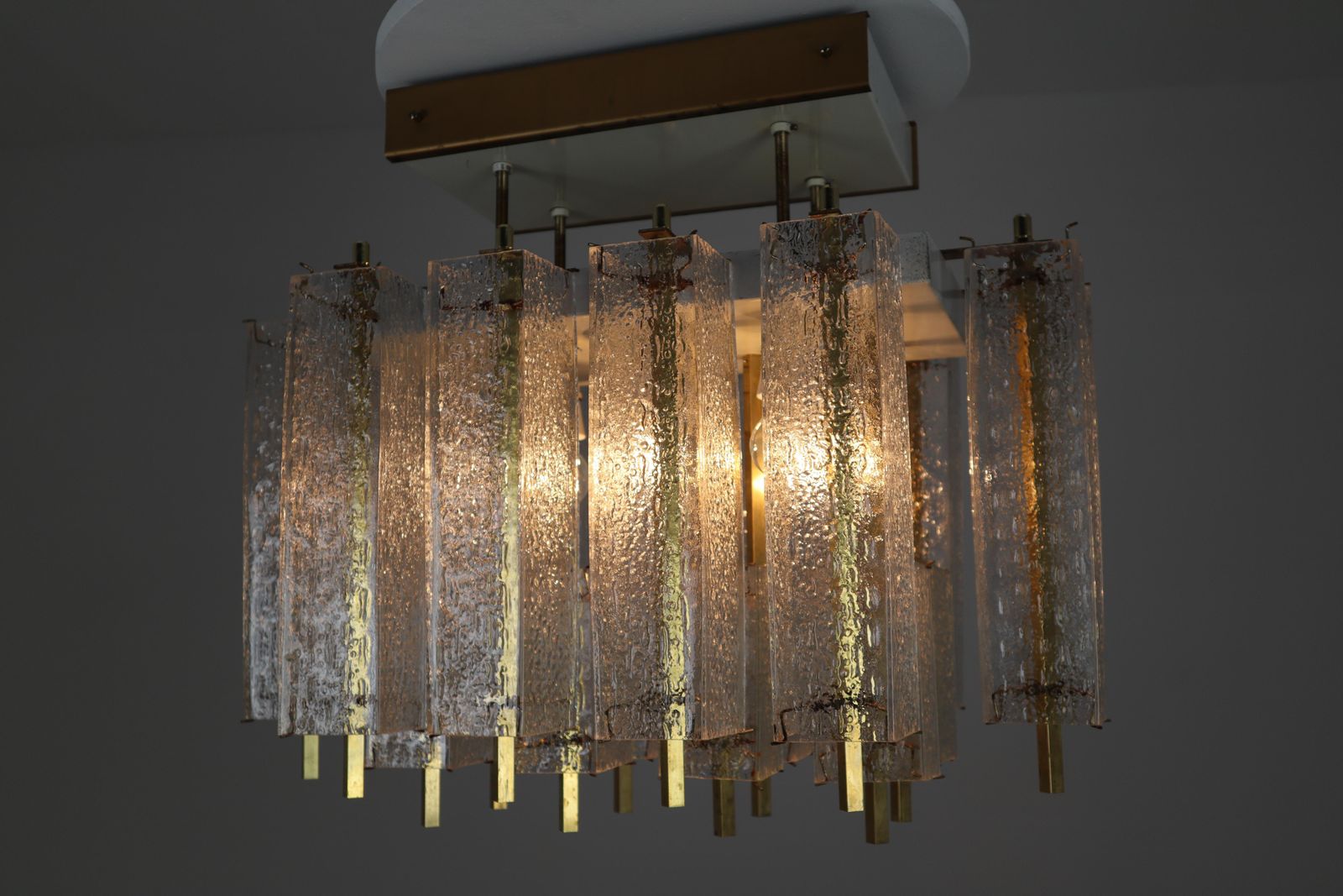 photo furniture 1 Of 9 Large Midcentury Chandelier With Structured Glass And Brass Frame, 1960s