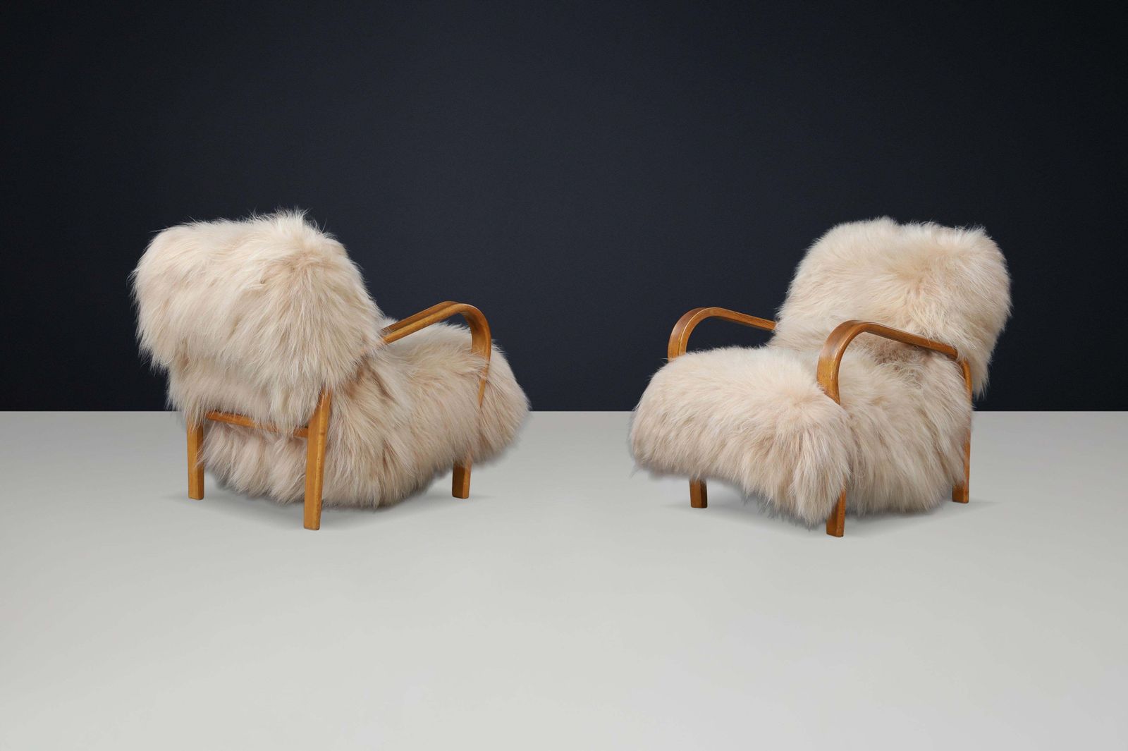 Patinated Bentwood Lounge Chairs By Kozelka & Kropáček In Long Haired Icelandic. photo buy