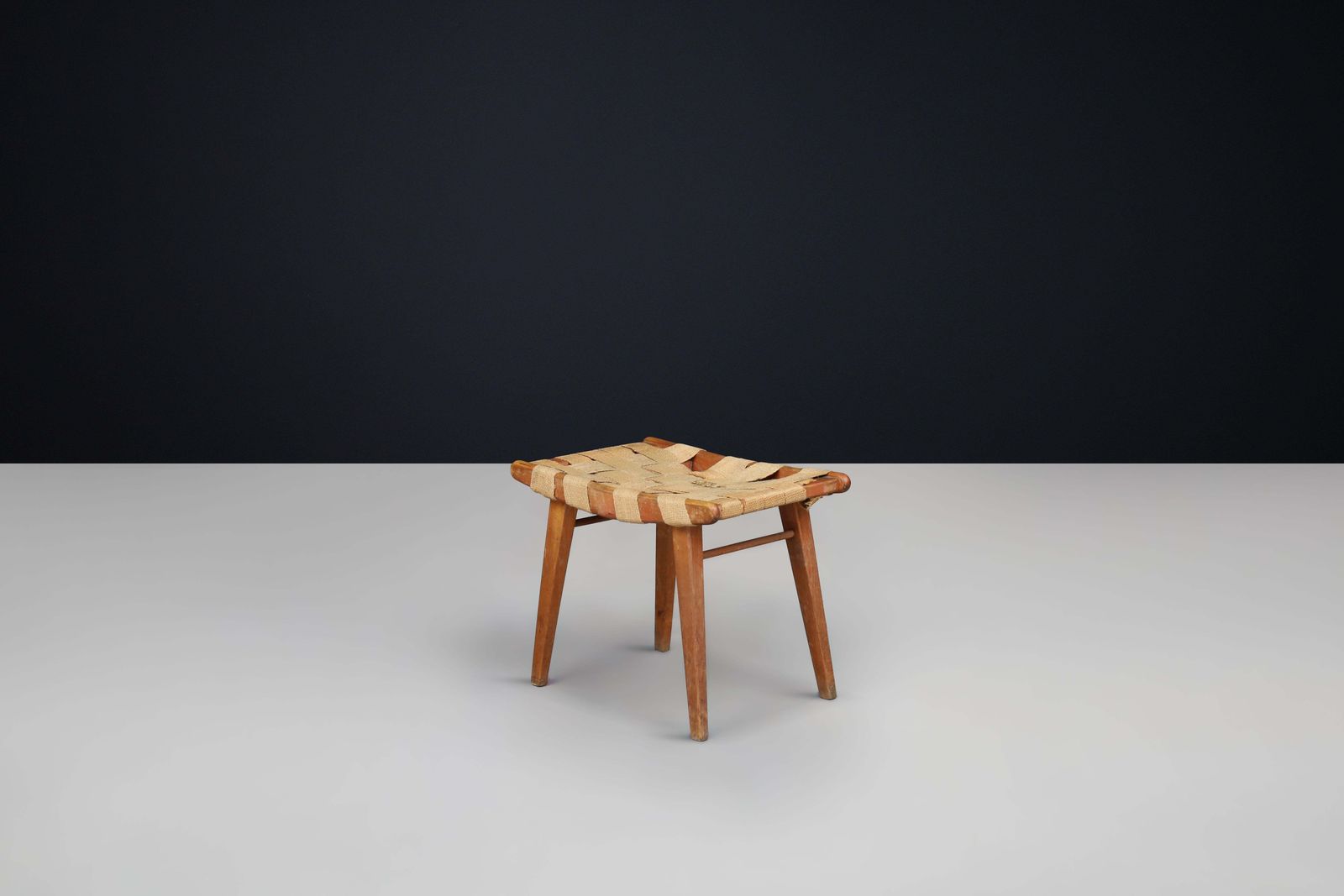 Furniture Mid Century Stool With Woven Jute Seat And Patinated Beech Wood Frame, France photo