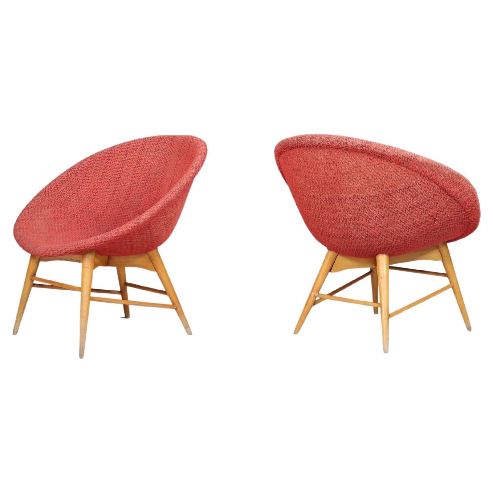 Miroslav Navratil Basket Chairs In Original Red Fabric, 1960