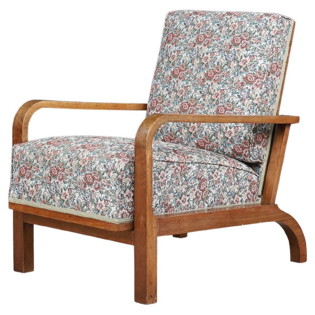 1930s Czechoslovak Reclining Armchair In Original Floral Upholstery
