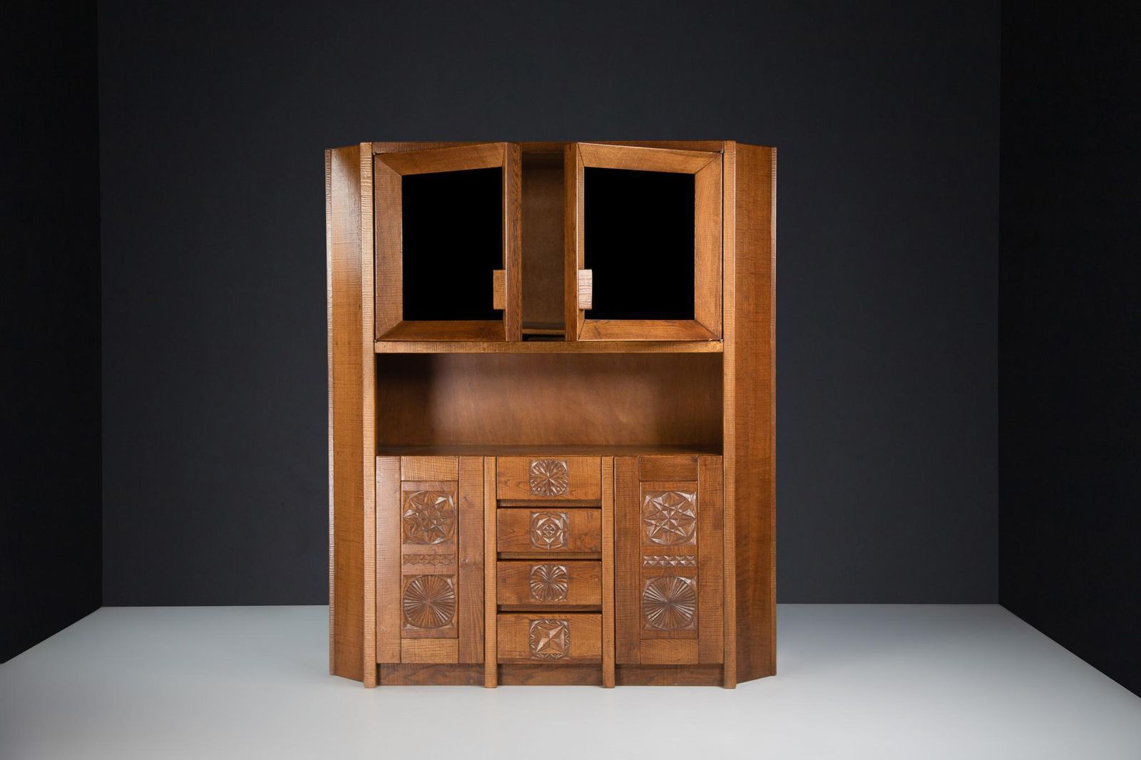 Hand Crafted Brutalist Giuseppe Rivadossi Glazed Cabinet In Oak Italy, The 1970s photo vinterior