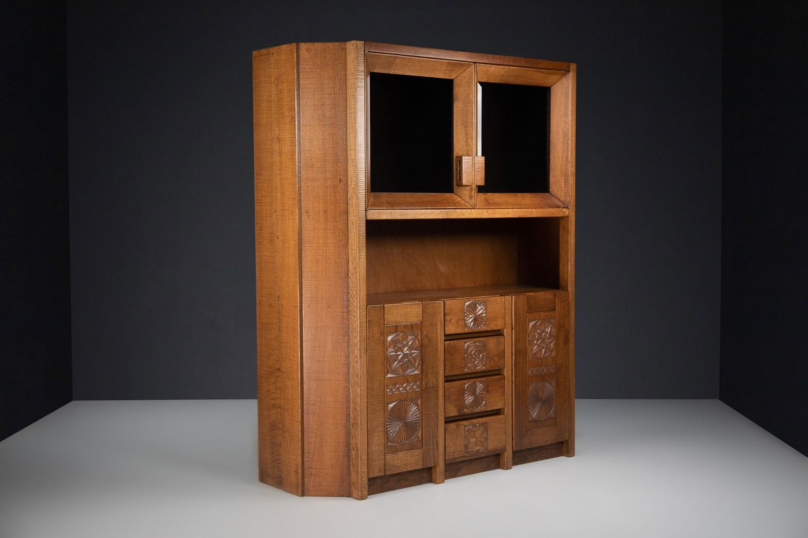 Furniture Hand Crafted Brutalist Giuseppe Rivadossi Glazed Cabinet In Oak Italy, The 1970s photo