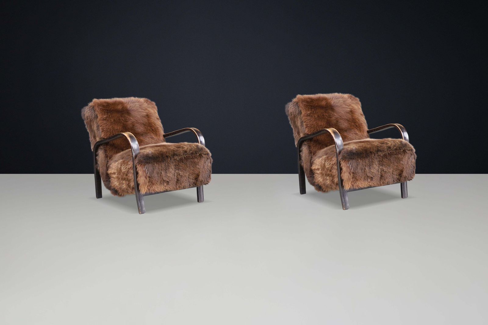 photo for sale 1940s Kozelka & Kropacek Armchairs In Texel Sheepskin & Patinated Bentwood