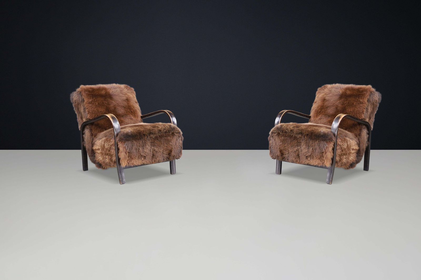 Furniture 1940s Kozelka & Kropacek Armchairs In Texel Sheepskin & Patinated Bentwood photo