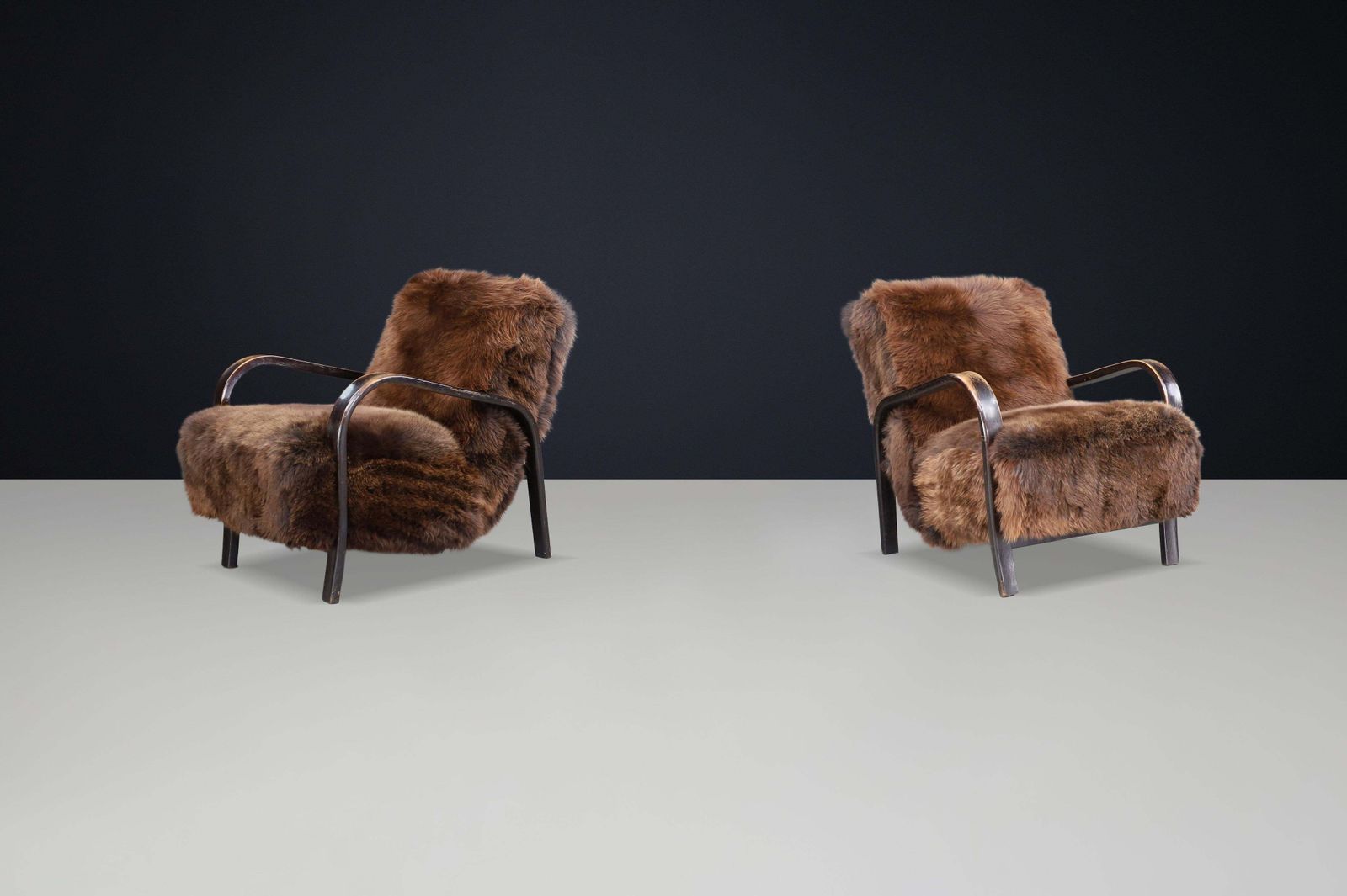 6038.0 1940s Kozelka & Kropacek Armchairs In Texel Sheepskin & Patinated Bentwood photo