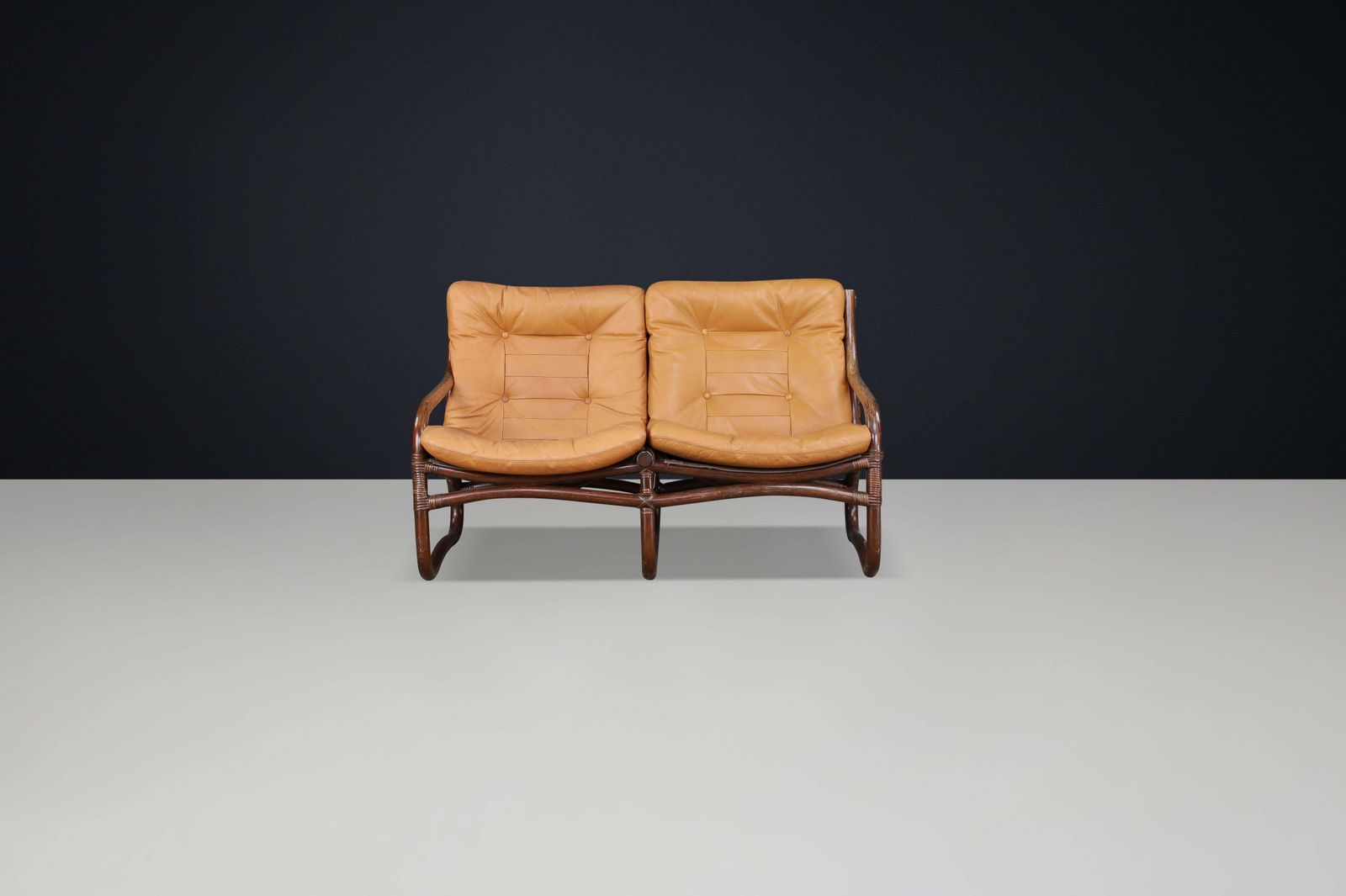 Two Seat “Ecco” Loveseat By Slettvoll In Cognac Leather And Rattan, Norway 1970s photo Furniture