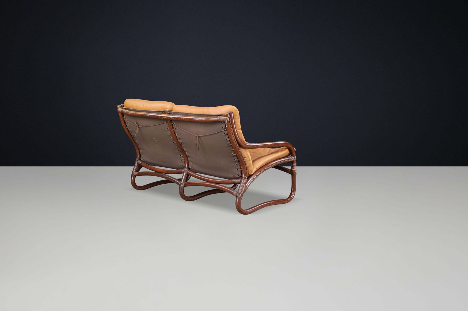 Two Seat “Ecco” Loveseat By Slettvoll In Cognac Leather And Rattan, Norway 1970s photo vintage