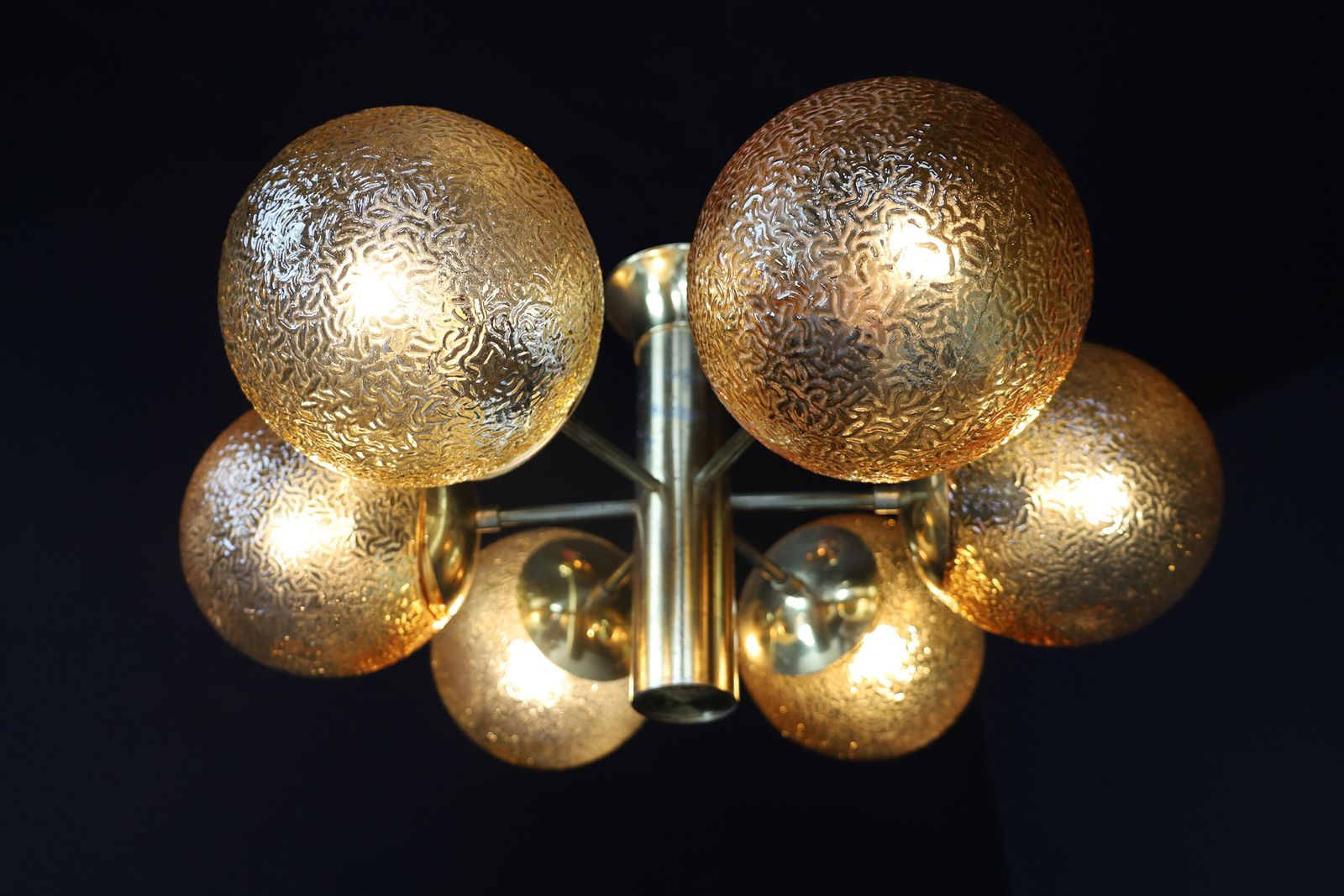 Patinated Brass Sputnik Chandelier With Six Gold Colored Globes, Germany 1960s photo Lighting