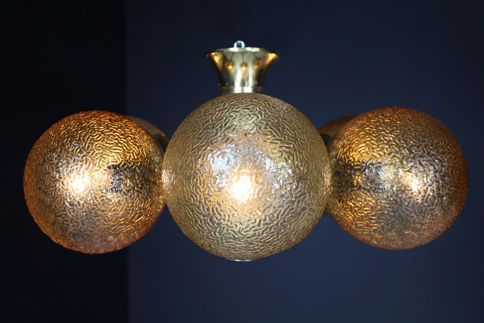 Patinated Brass Sputnik Chandelier With Six Gold Colored Globes, Germany 1960s photo vinterior