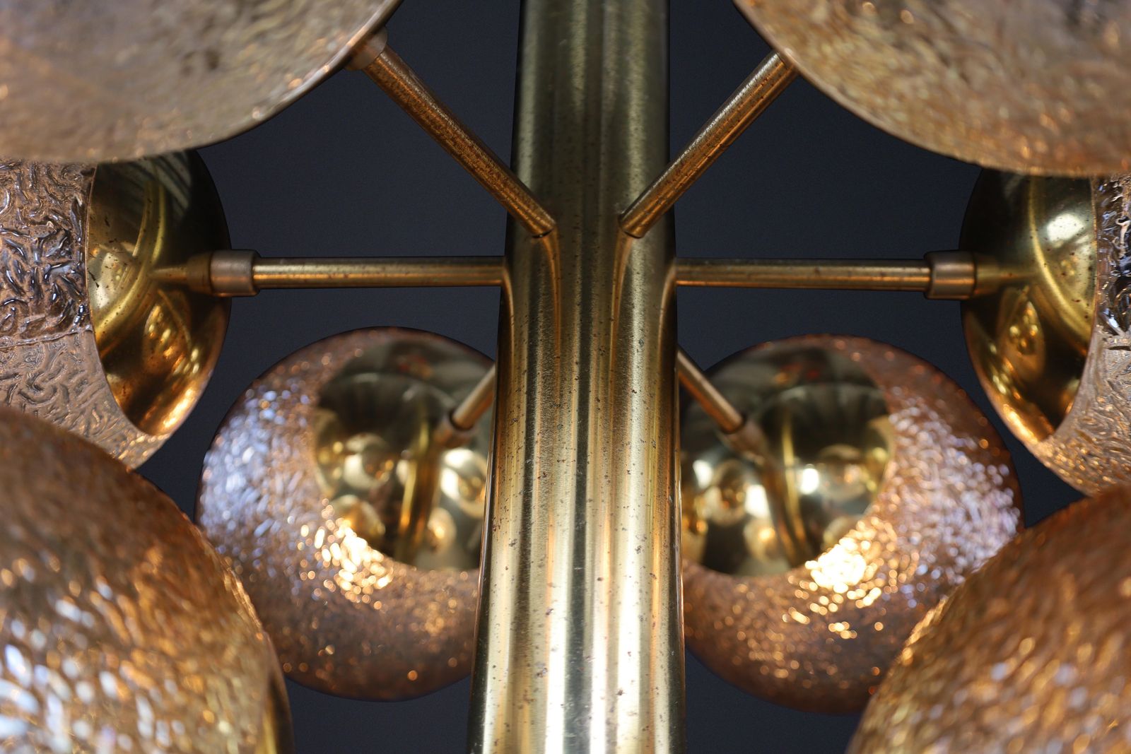 photo vinterior Patinated Brass Sputnik Chandelier With Six Gold Colored Globes, Germany 1960s