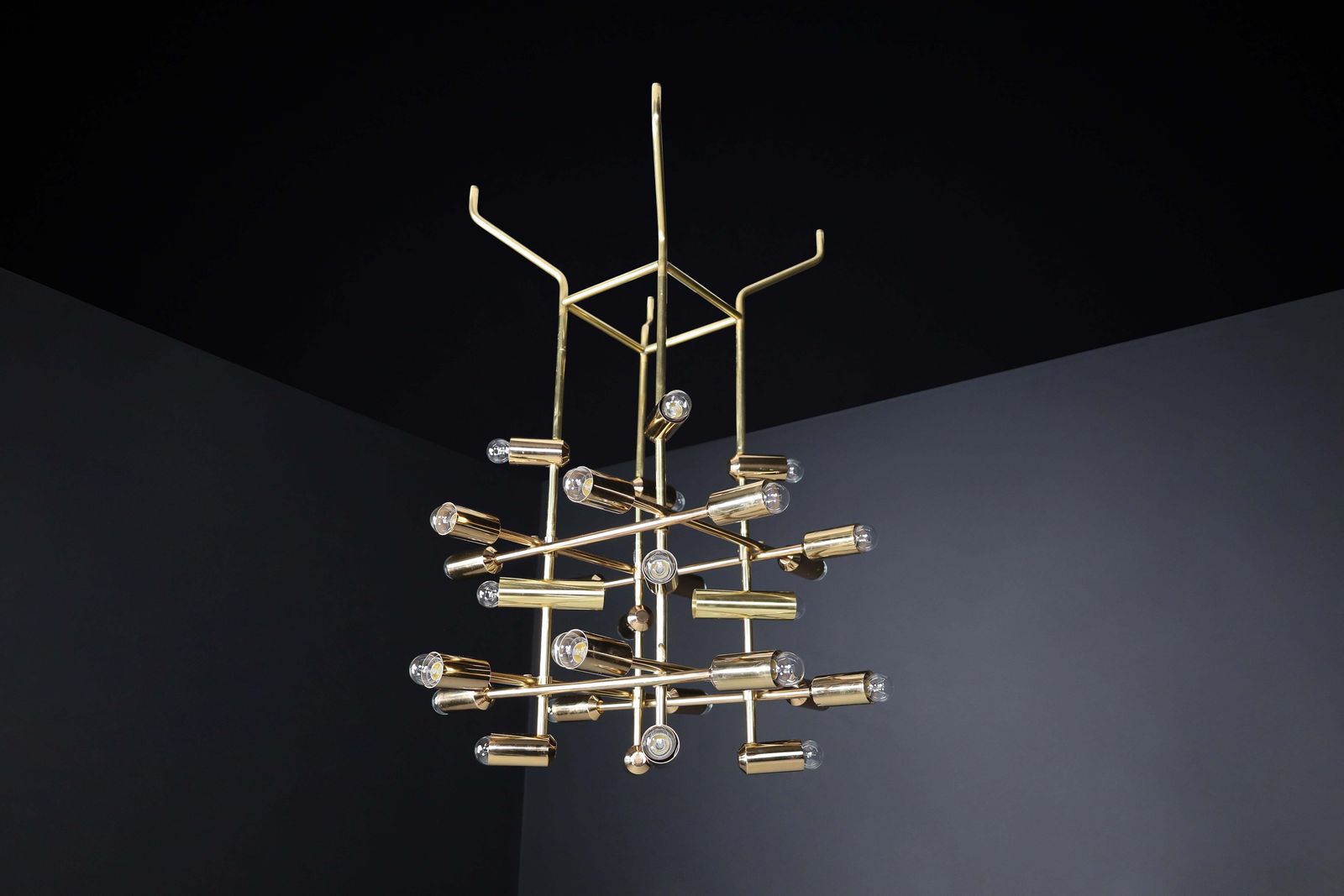 photo furniture Mid Century Brass Chandelier Wit 28 Lights, Switzerland 1960s.