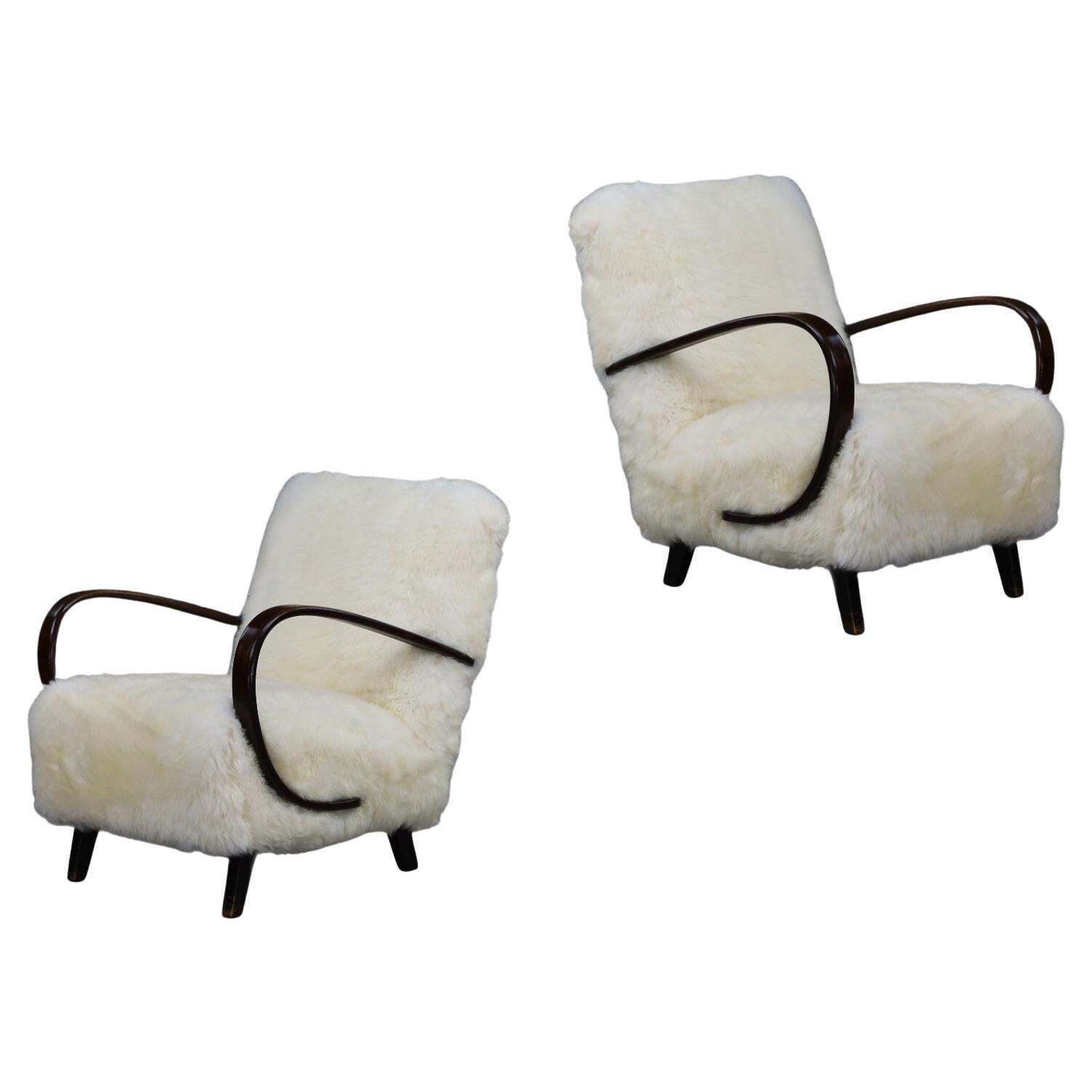 Timeless Pair Of Jindřich Halabala Mid Century Modern Sheepskin Lounge Chairs