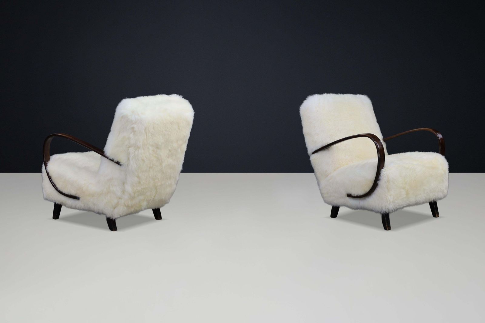 Timeless Pair Of Jindřich Halabala Mid Century Modern Sheepskin Lounge Chairs photo Furniture