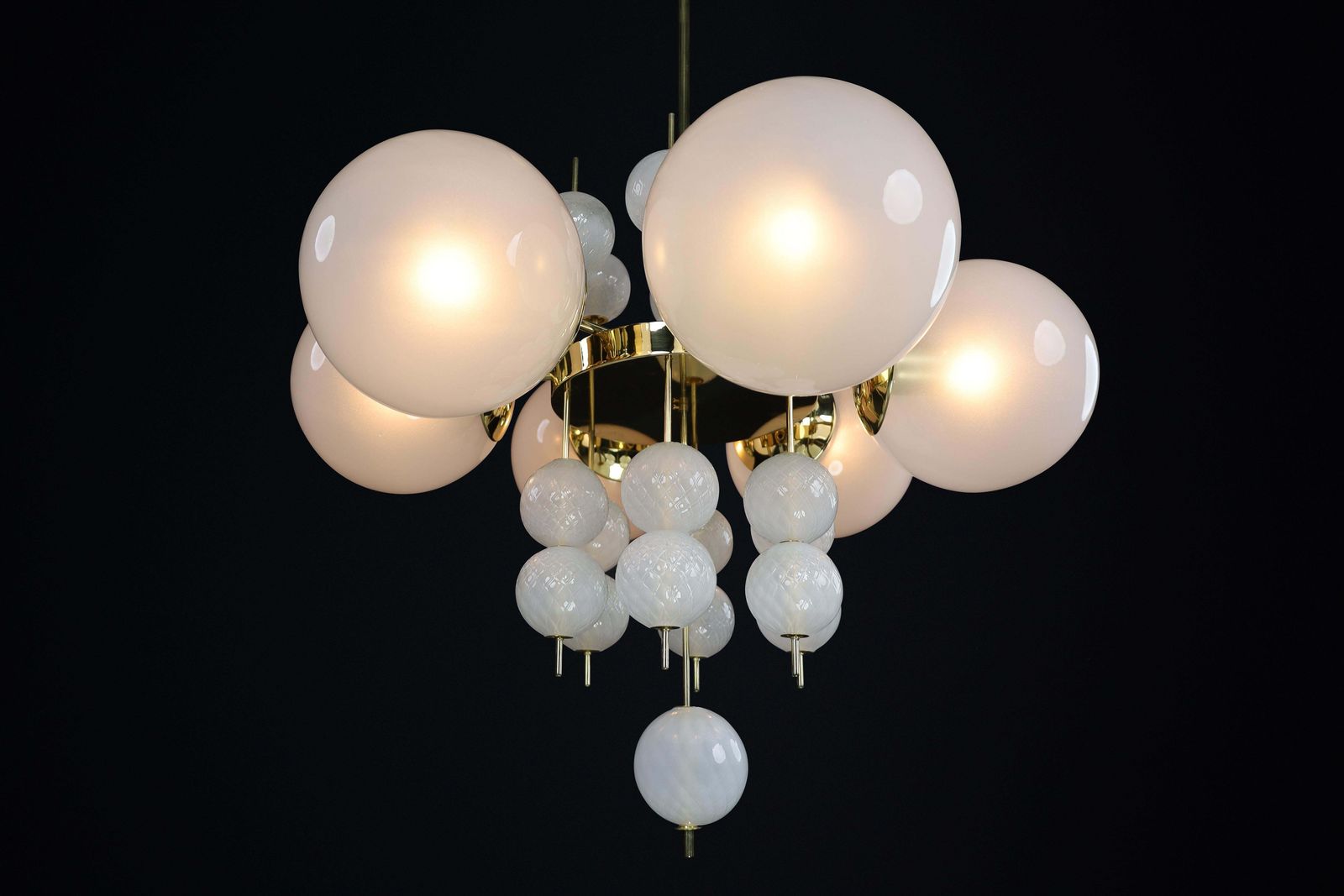 Mid Century Chandelier With Brass Fixture & Hand Blown Pearl White Glass Globes photo 4401.0