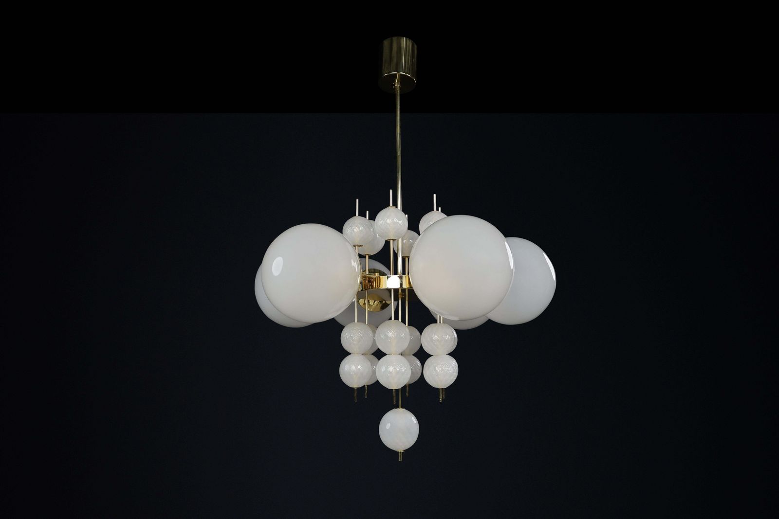 Lighting Mid Century Chandelier With Brass Fixture & Hand Blown Pearl White Glass Globes photo