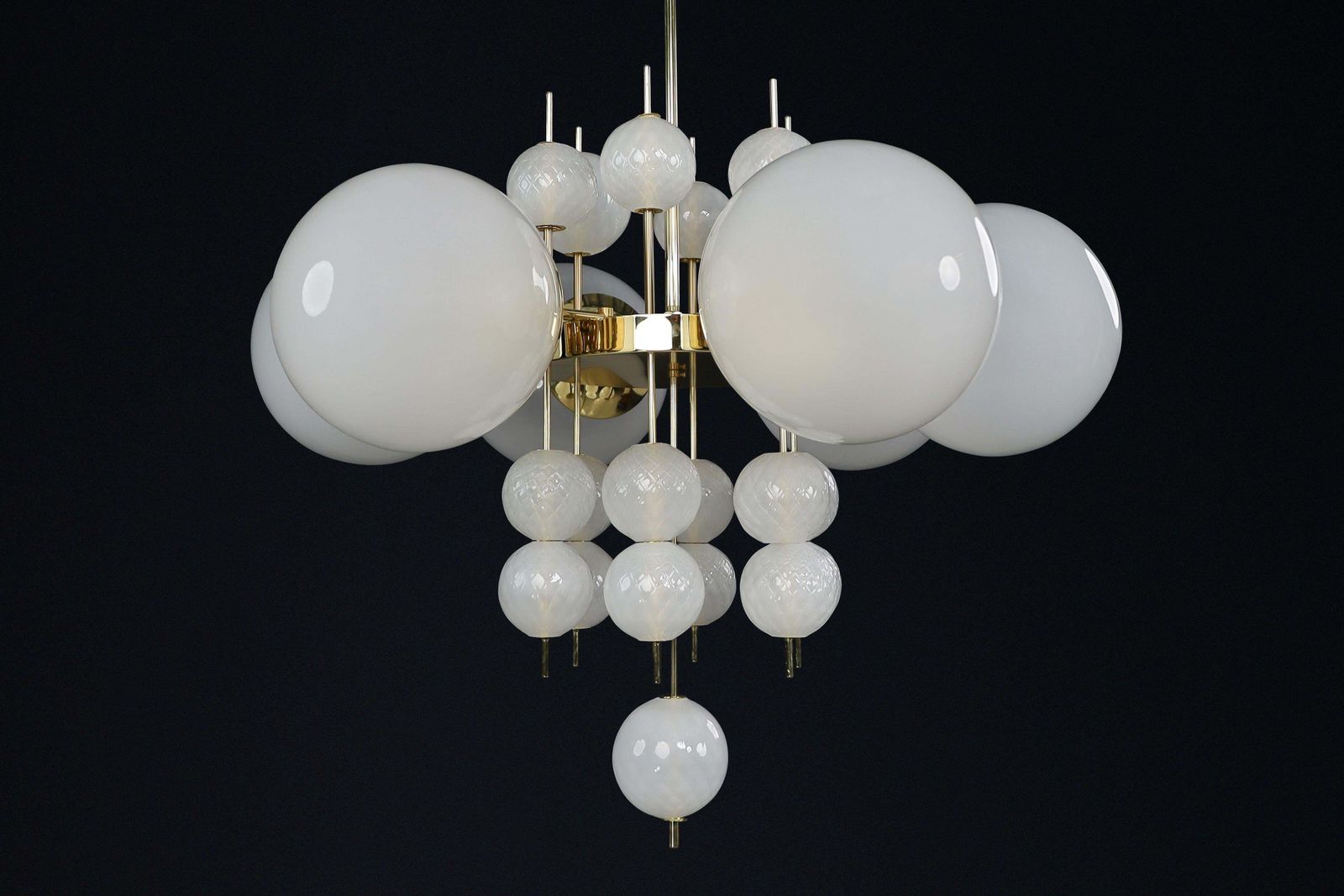 photo buy Mid Century Chandelier With Brass Fixture & Hand Blown Pearl White Glass Globes