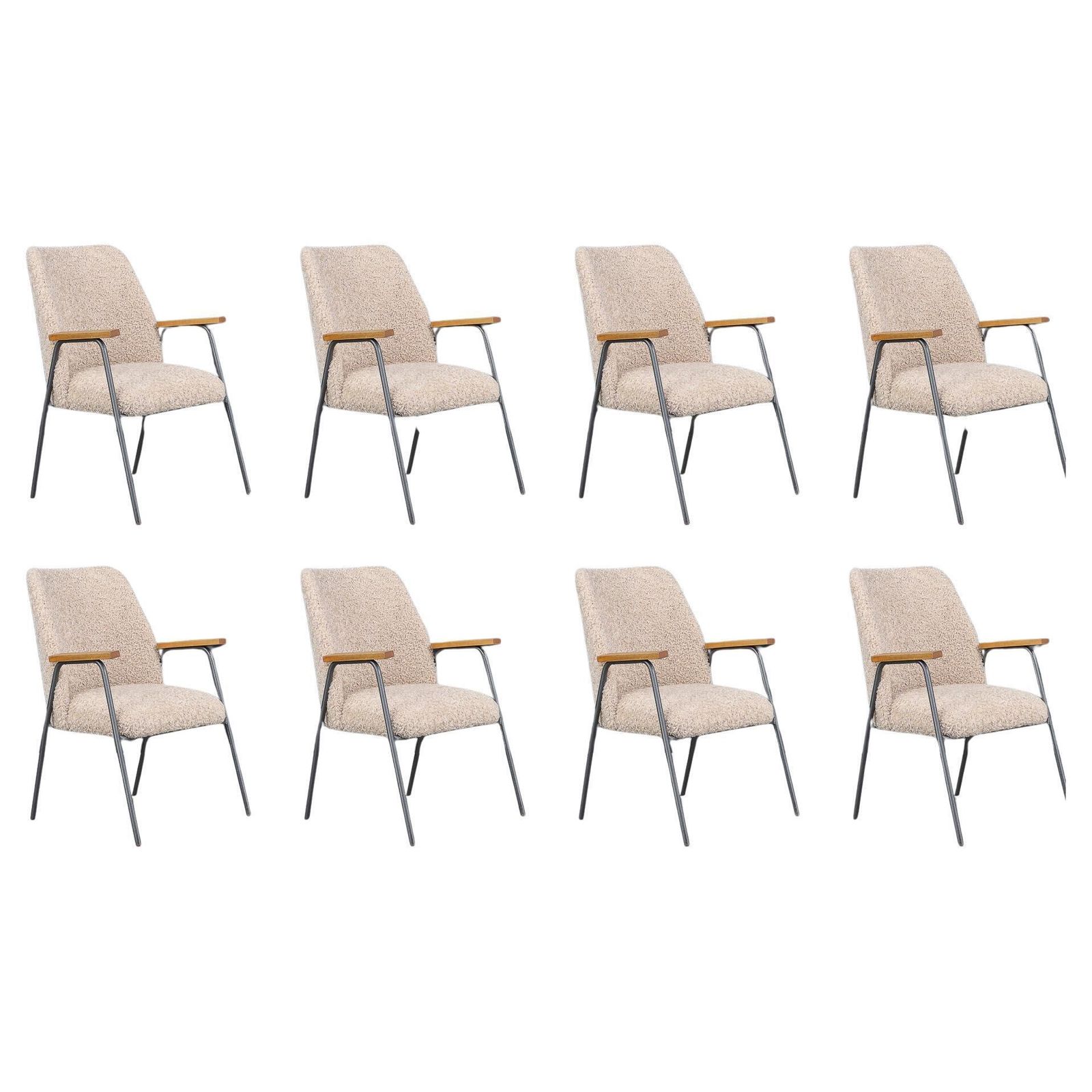 1970s German Steel And Wood Armchairs With Teddy Upholstery – Set Of 8 Available