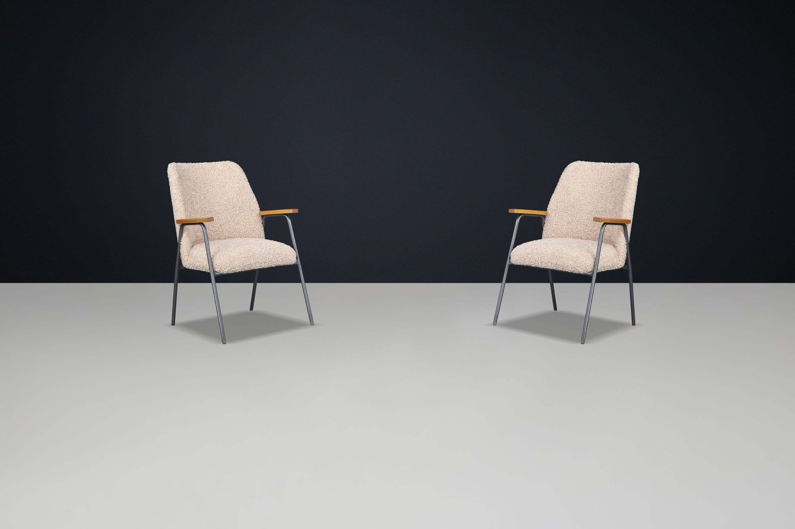 1970s German Steel And Wood Armchairs With Teddy Upholstery – Set Of 8 Available photo for sale