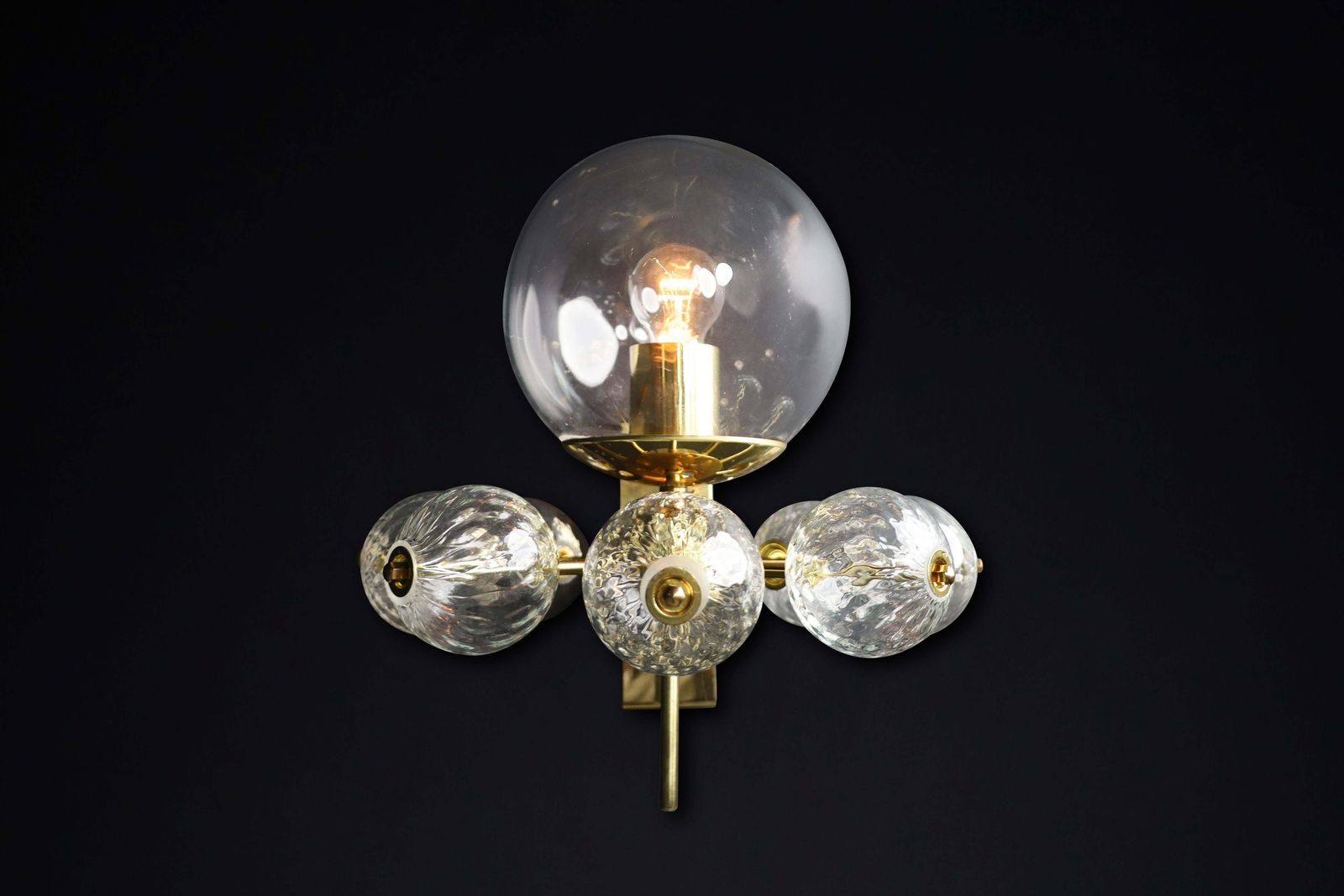 Mid Century Wall Lights With Brass Fixture & Hand Blown Glass Globes Cz 1970s photo for sale
