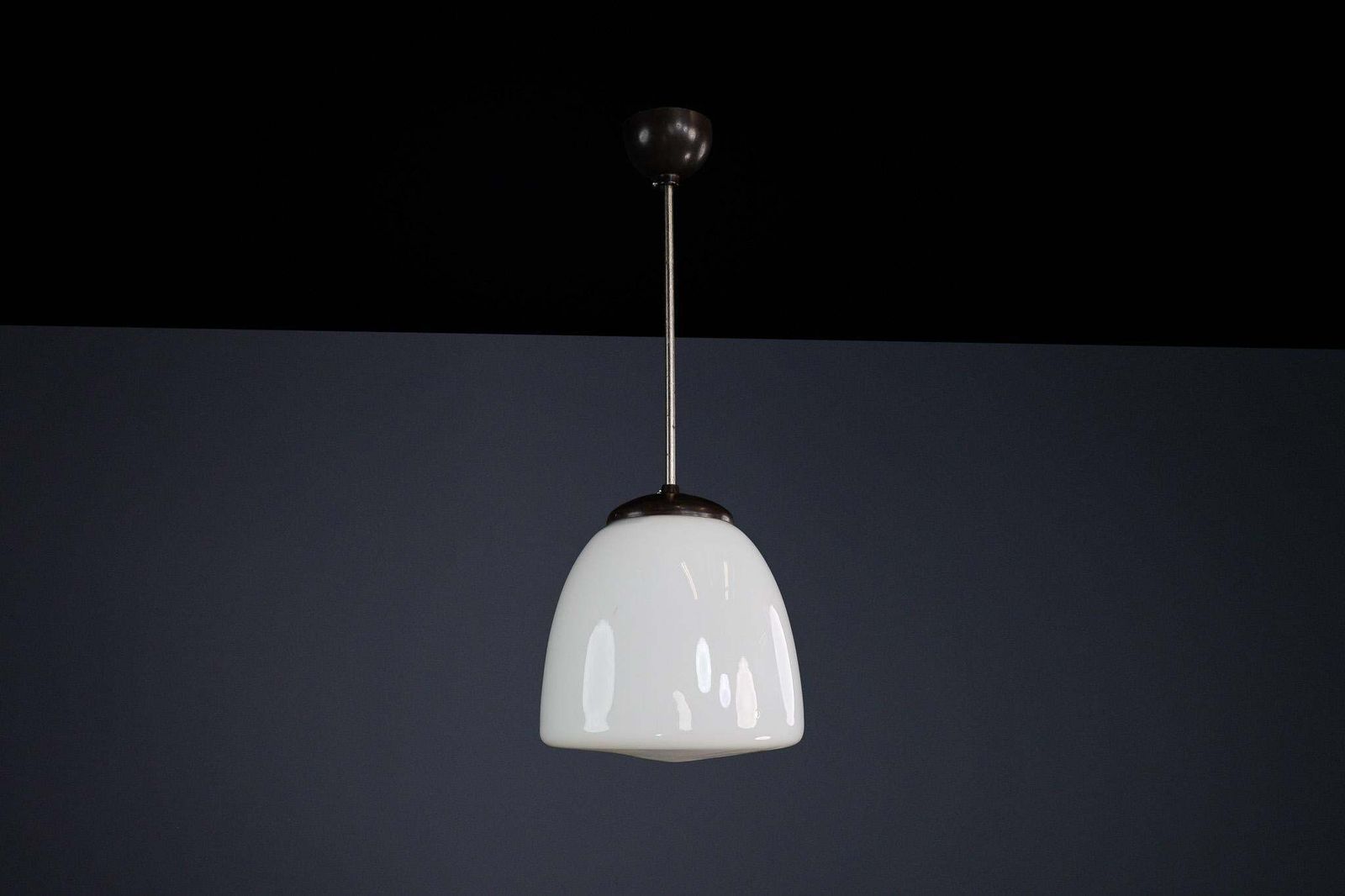 Bauhaus Opaline & Bakelite Pendant Lamp, Czech Republic 1950s photo for sale