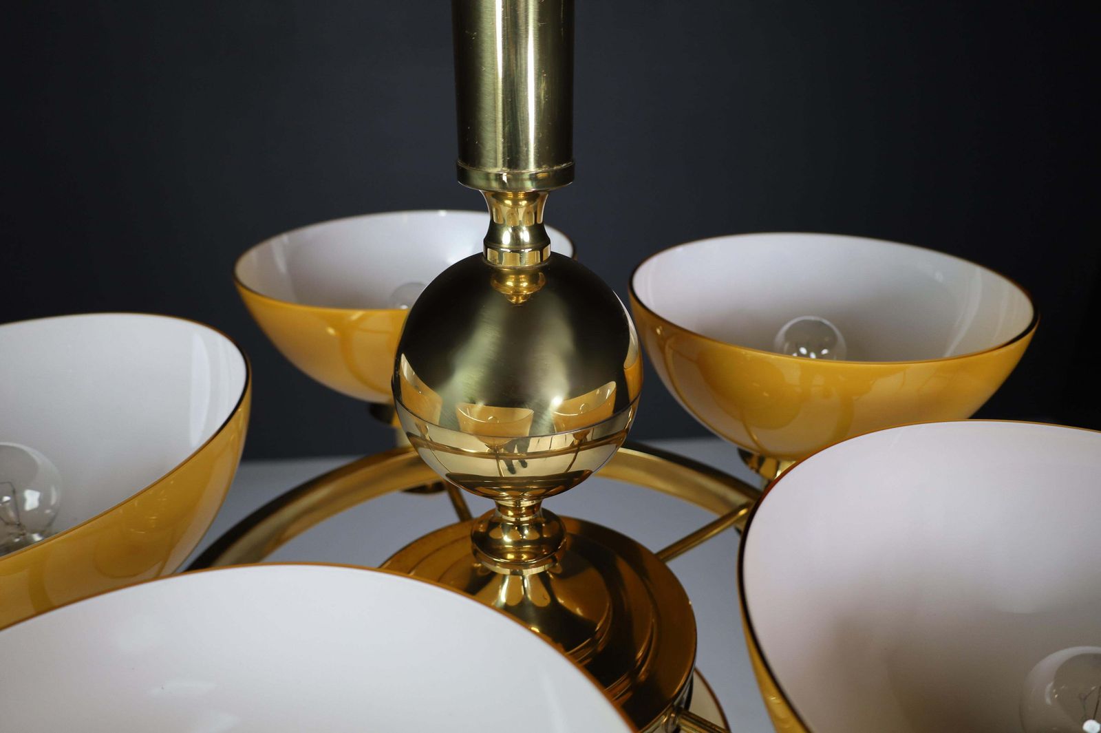 Sculptural Italian Chandelier In Brass & Amber Gold Opaline Glass, 1970s 12x photo vintage